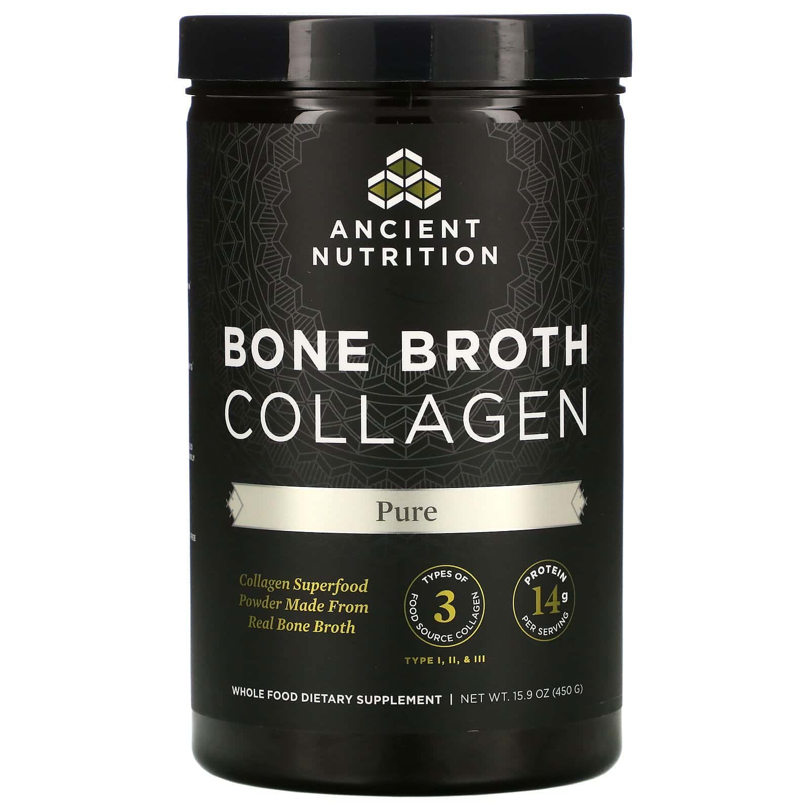 Dr. Axe / Ancient Nutrition, Bone Broth Collagen, Colágeno de caldo de huesos, Puro, 450 g (15,9 oz)