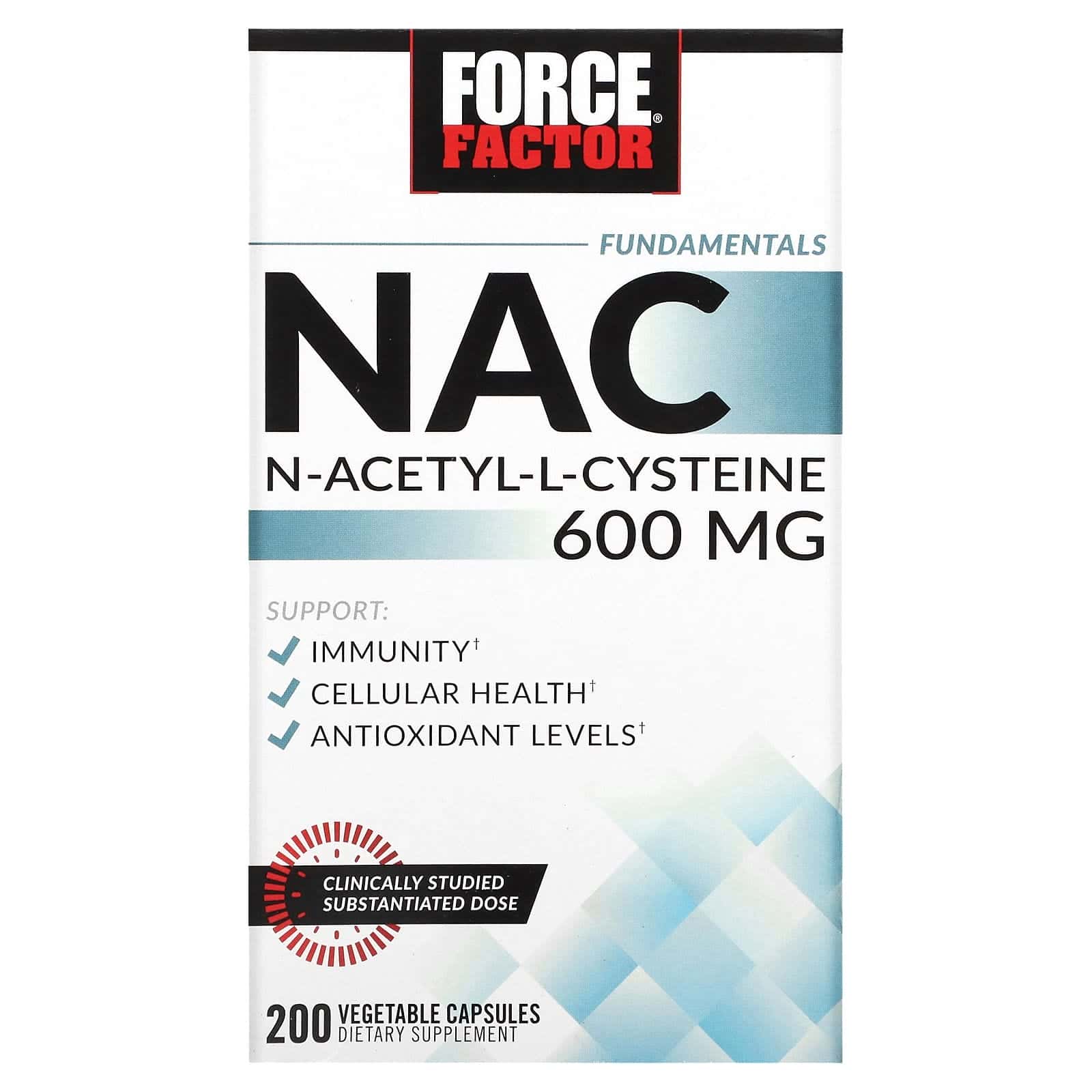 Force Factor, Ingredientes esenciales, NAC, N-acetil-L-cisteína, 600 mg, 200 cápsulas vegetales