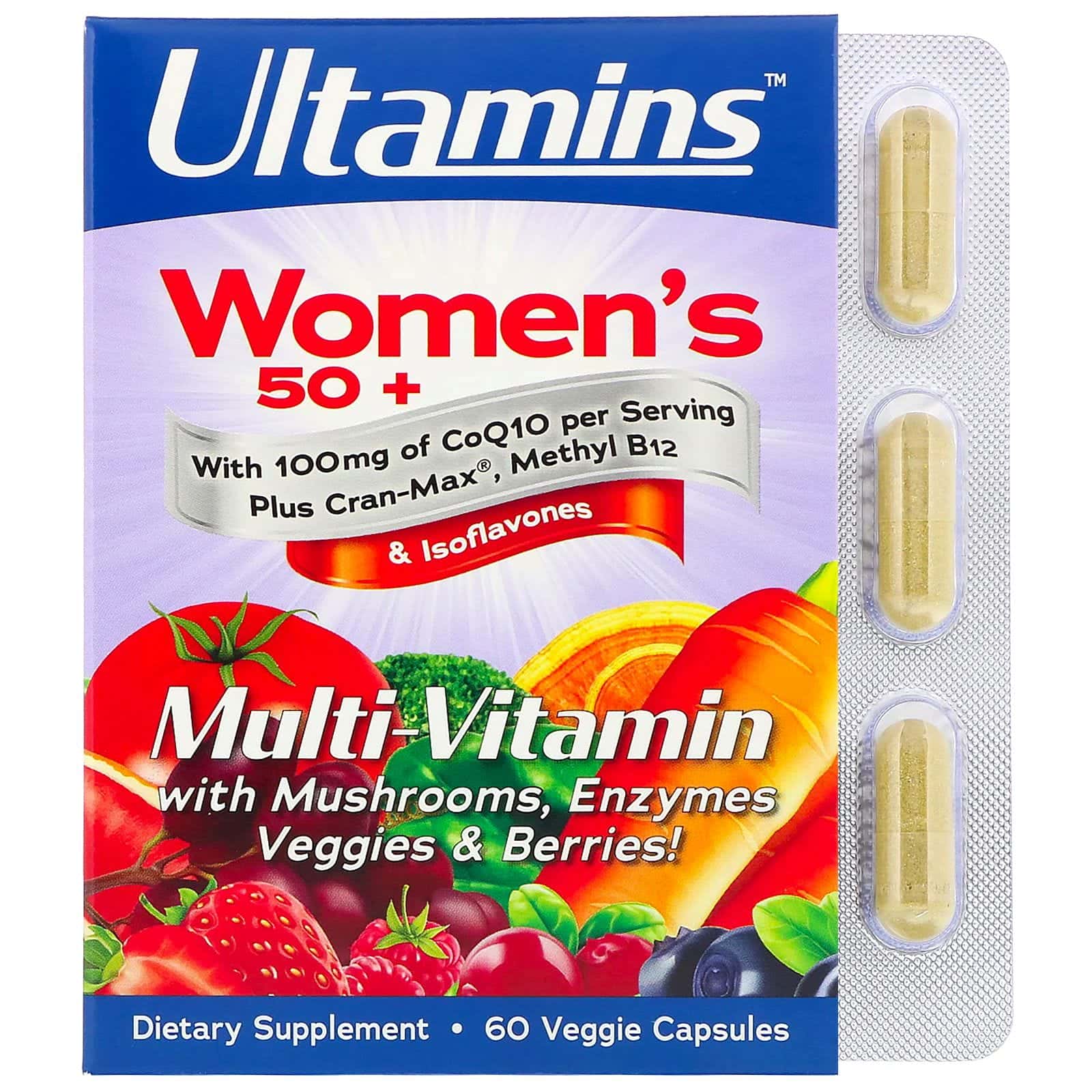 Ultamins, Suplemento multivitamínico para mujeres mayores de 50 años con CoQ10, hongos, enzimas, vegetales y bayas, 60 cápsulas vegetales