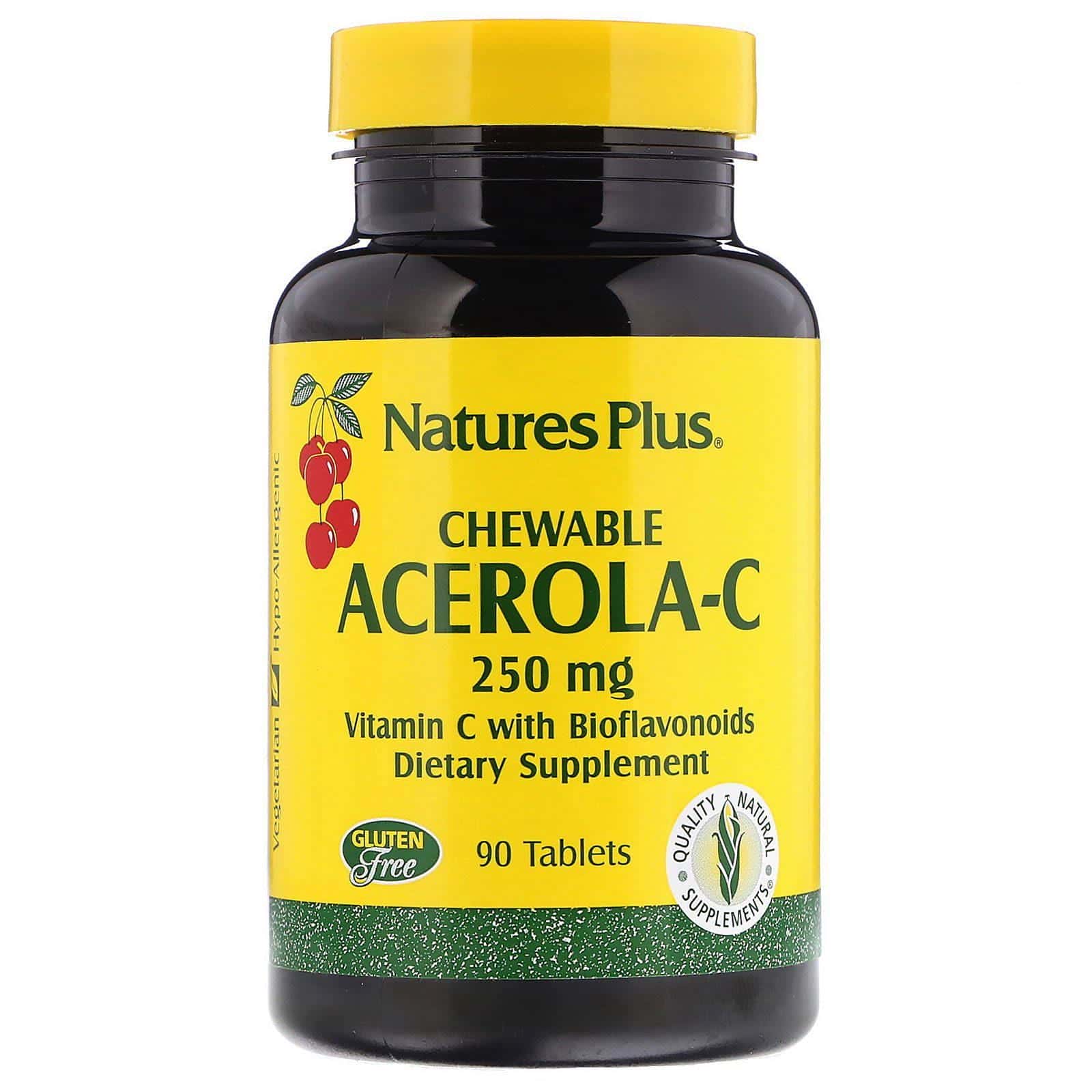 Nature's Plus, Acerola-C, Masticable, 250 mg, 90 comprimidos