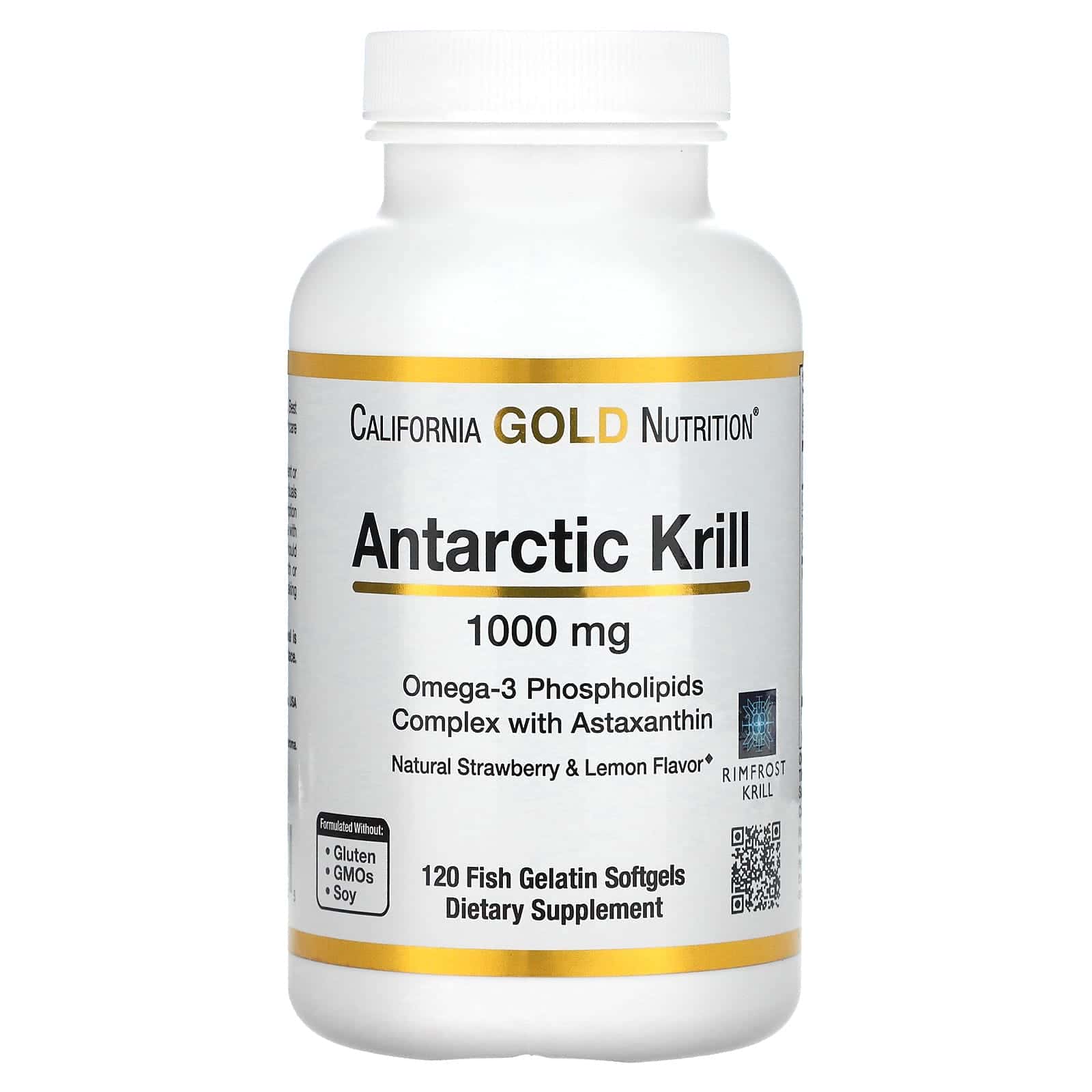 California Gold Nutrition, Aceite de kril antártico, Complejo de fosfolípidos de omega-3 con astaxantina, Sabor natural a fresa y limón, 1000 mg, 120 cápsulas blandas de gelatina de pescado