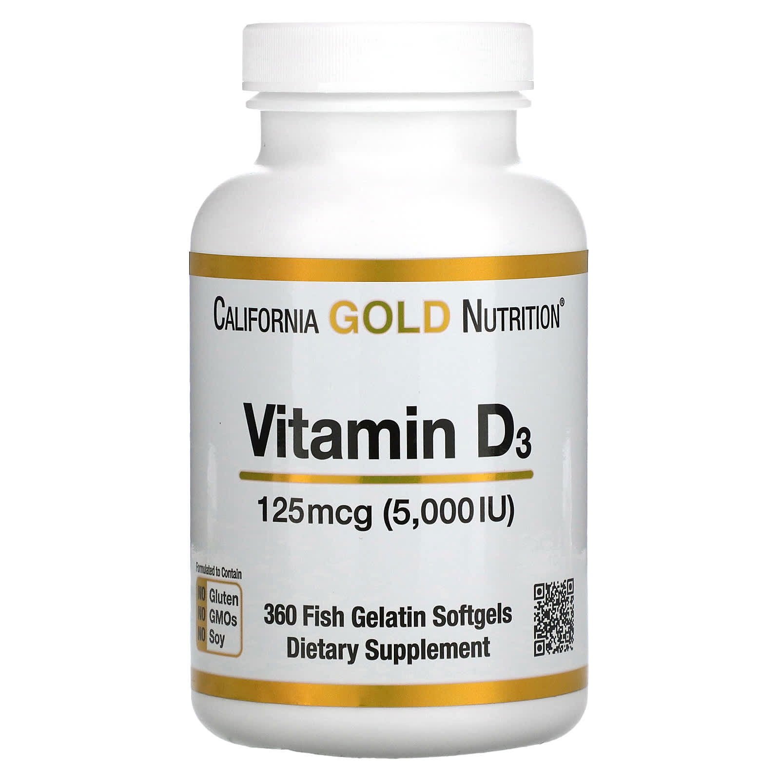 California Gold Nutrition, Vitamina D3, 125 mcg (5000 UI), 360 cápsulas blandas de gelatina de pescado