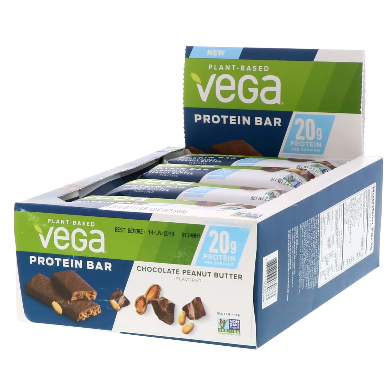Vega, Barra de proteínas, manteca de cacahuete y chocolate, 12 barras, 2.5 oz (70 g) cada una