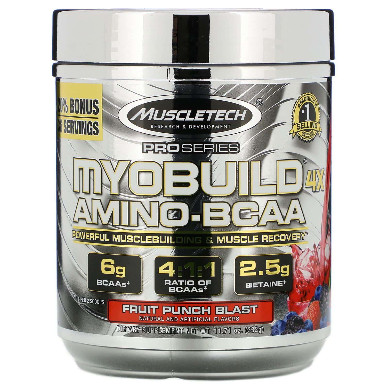 Muscletech, MyoBuild 4X Amino-BCAA, explosión de ponche de fruta, 11,71 oz (332 g)