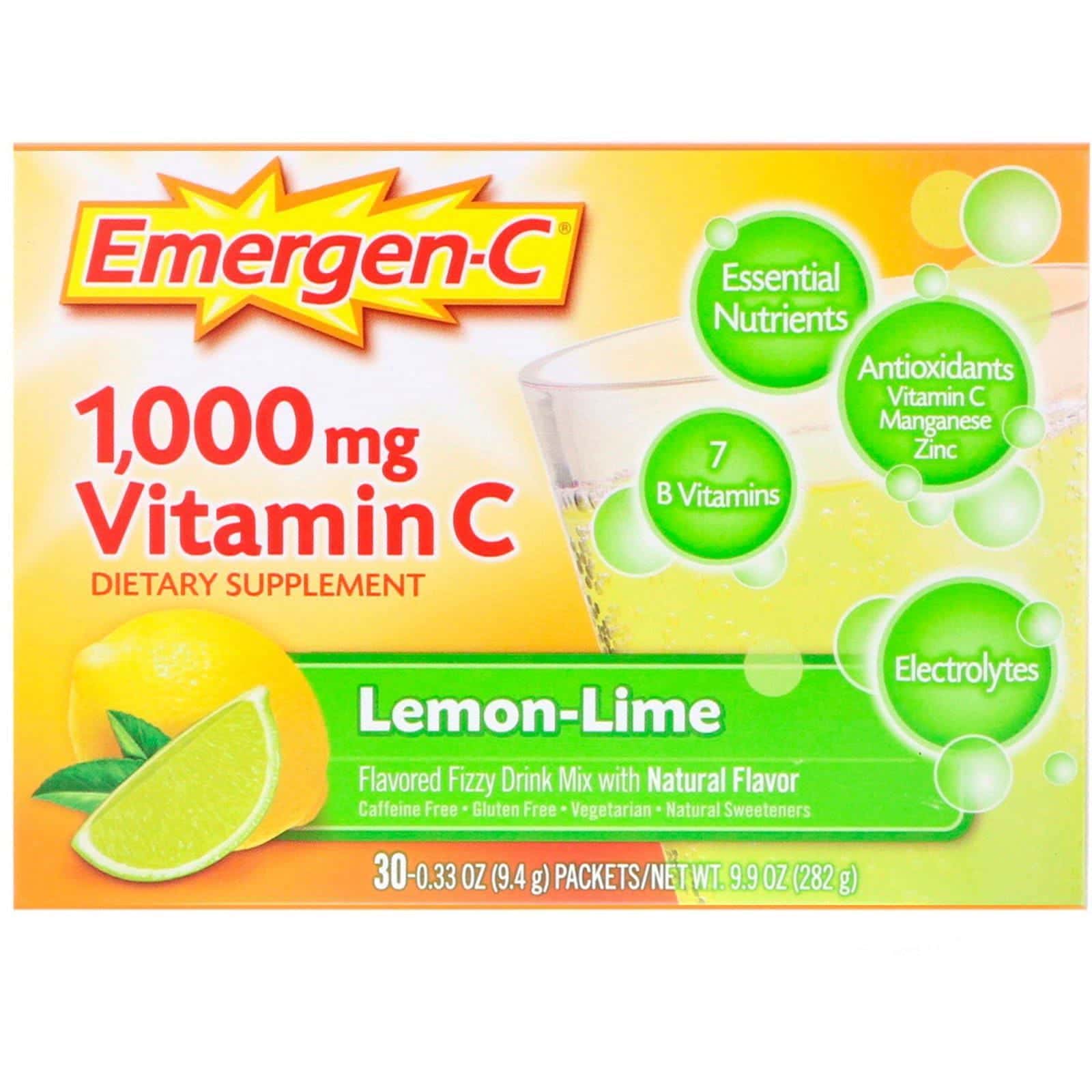 Emergen-C, Vitamina C, mezcla para bebida efervescente y saborizada, limón y lima, 1000 mg, 30 paquetes, 0.33 oz (9.4 g) c/u