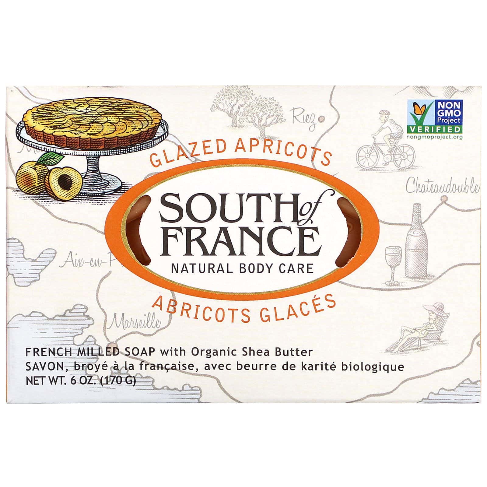 South of France, Barra de jabón francés con manteca de karité orgánica, albaricoques glaseados, 170 g (6 oz)
