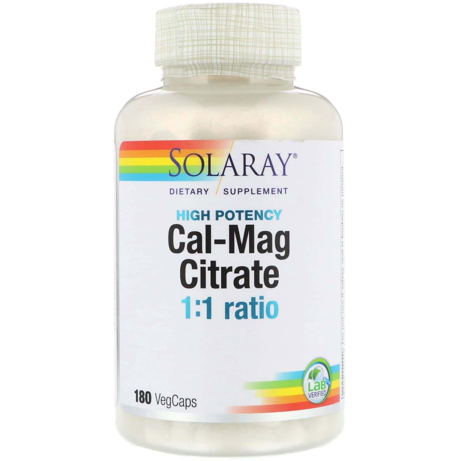 Solaray, Cal-Mag Citrate, proporción 1:1, alta potencia, 180 cápsulas vegetales
