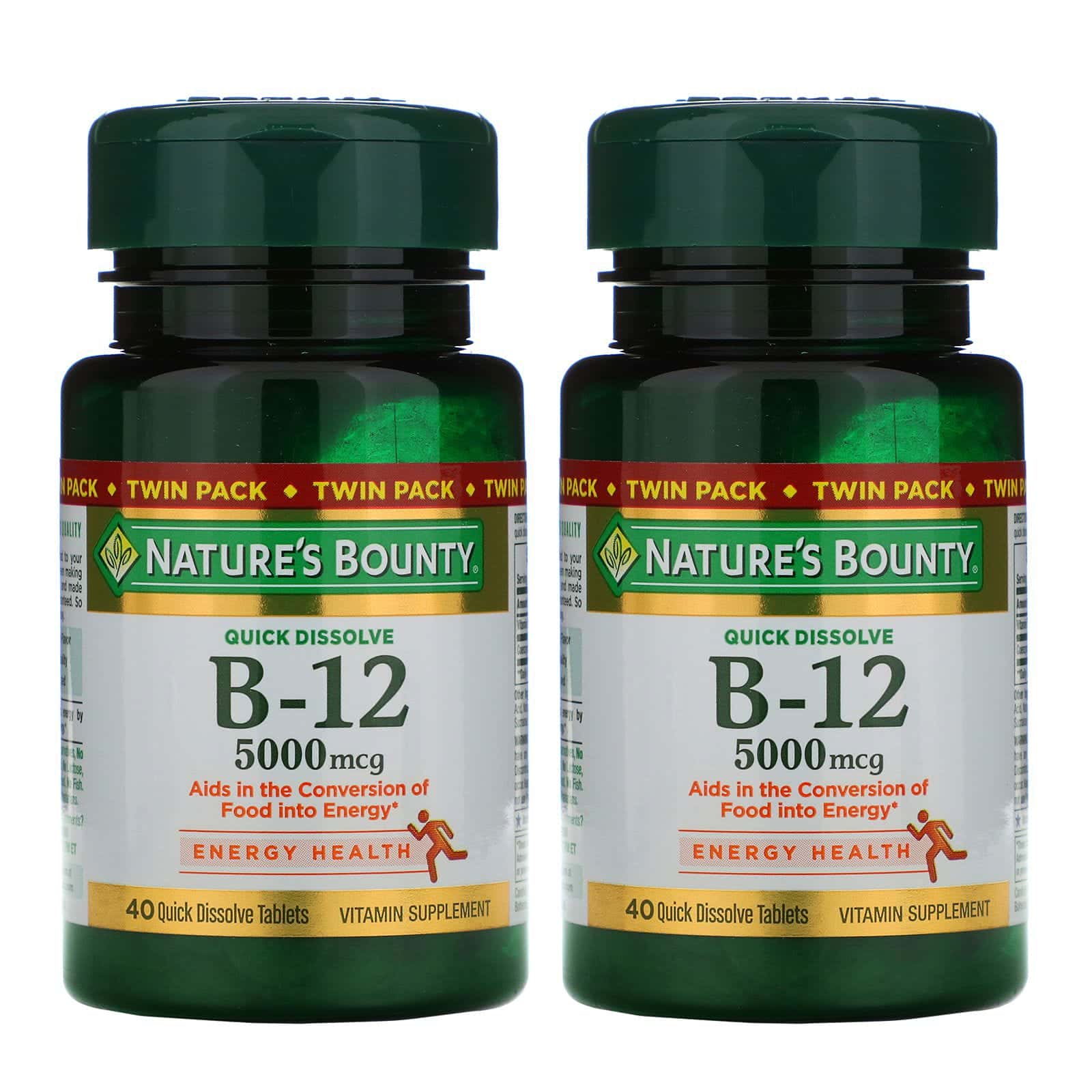 Nature's Bounty, Vitamina B12, Envase doble, Sabor natural a cereza, 5000 mcg, 40 comprimidos de rápida disolución en cada uno
