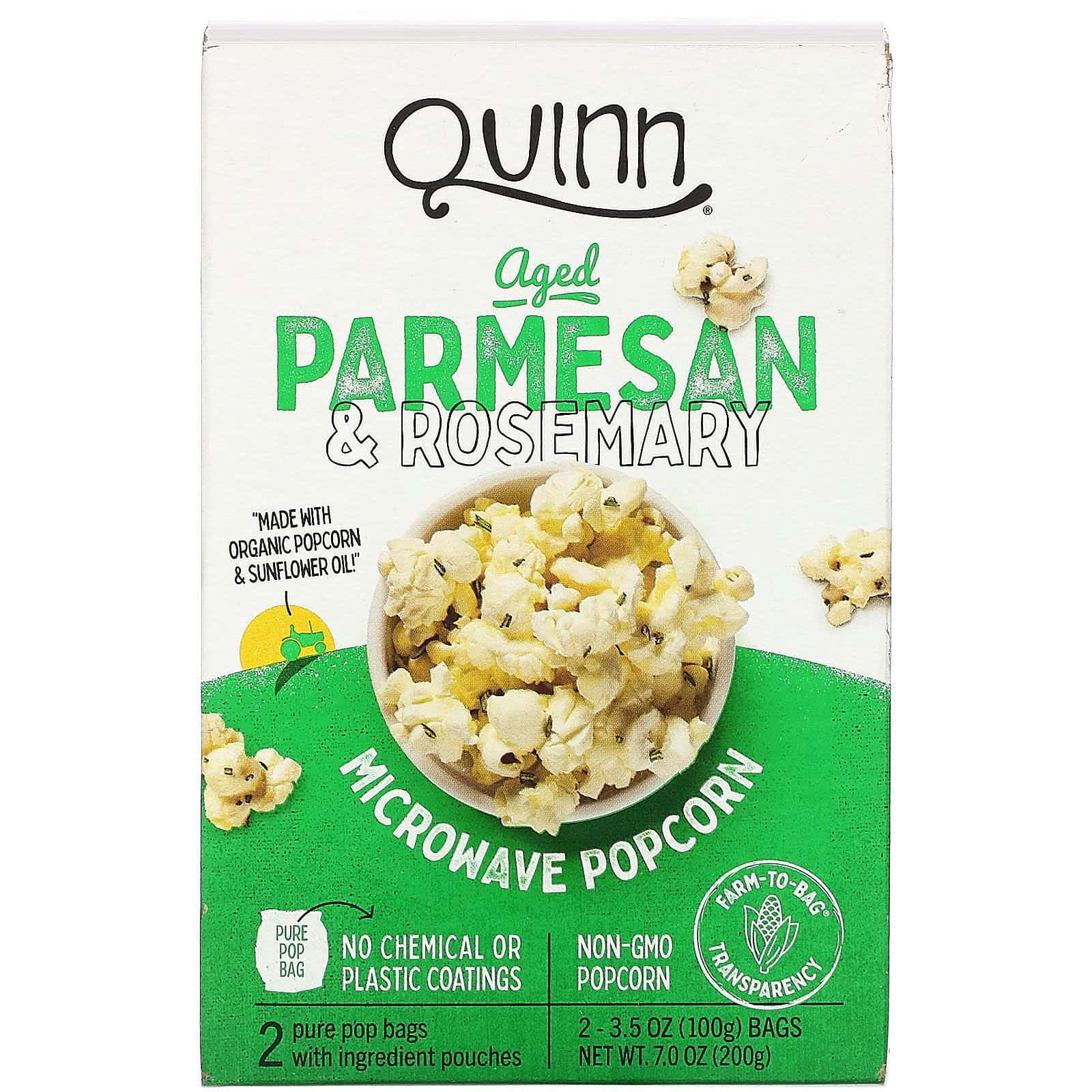 Quinn Popcorn, Palomitas de Maíz para Microondas, Parmesano y Romero, 2 Bolsas, 3.5 oz (100 g) Cada Una