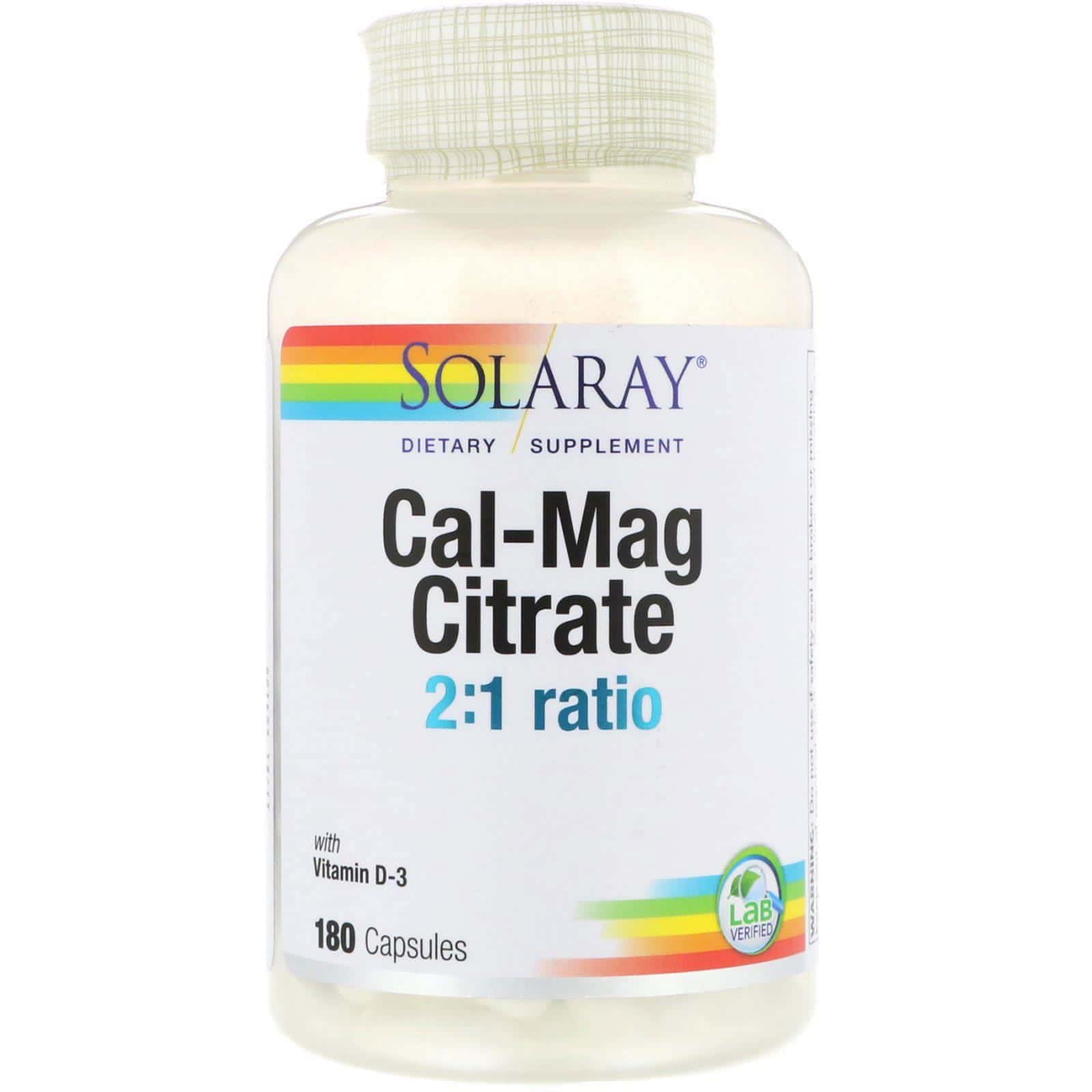 Solaray, Citrato de calcio y magnesio, proporción de 2:1 con vitamina D-3, 180 cápsulas