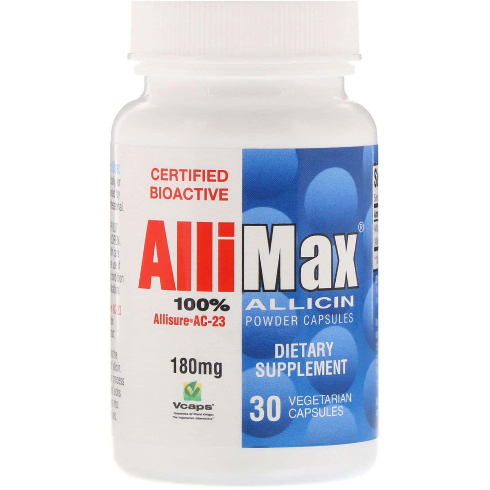 Allimax, 100% cápsulas de polvo de alicina, 180 mg, 30 cápsula vegetales
