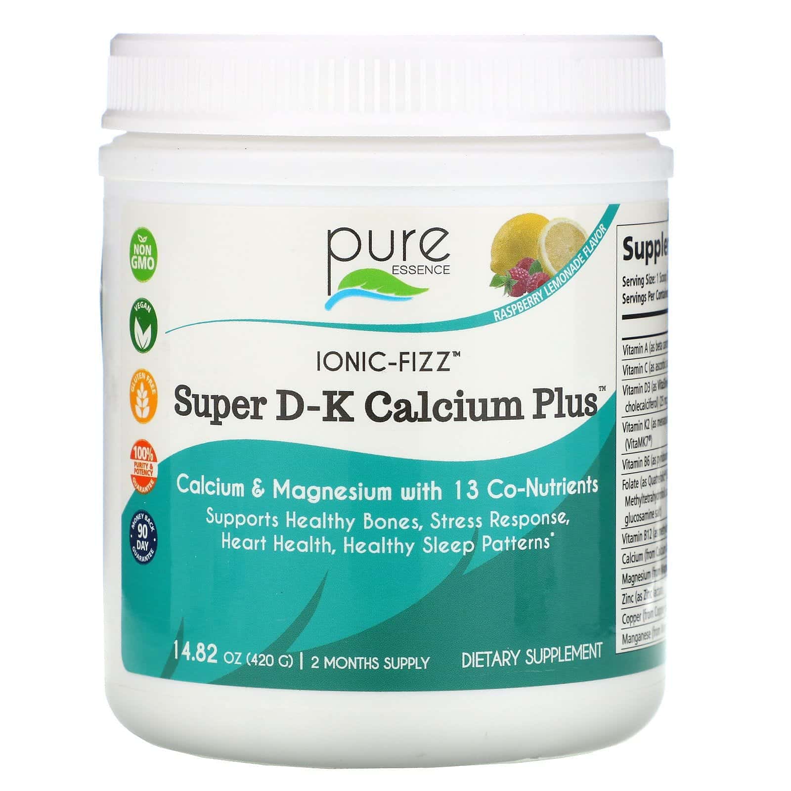 Pure Essence, Ionic-Fizz, Super D-K Calcium Plus, Suplemento de calcio, Frambuesa y limonada, 420 g (14,82 oz)