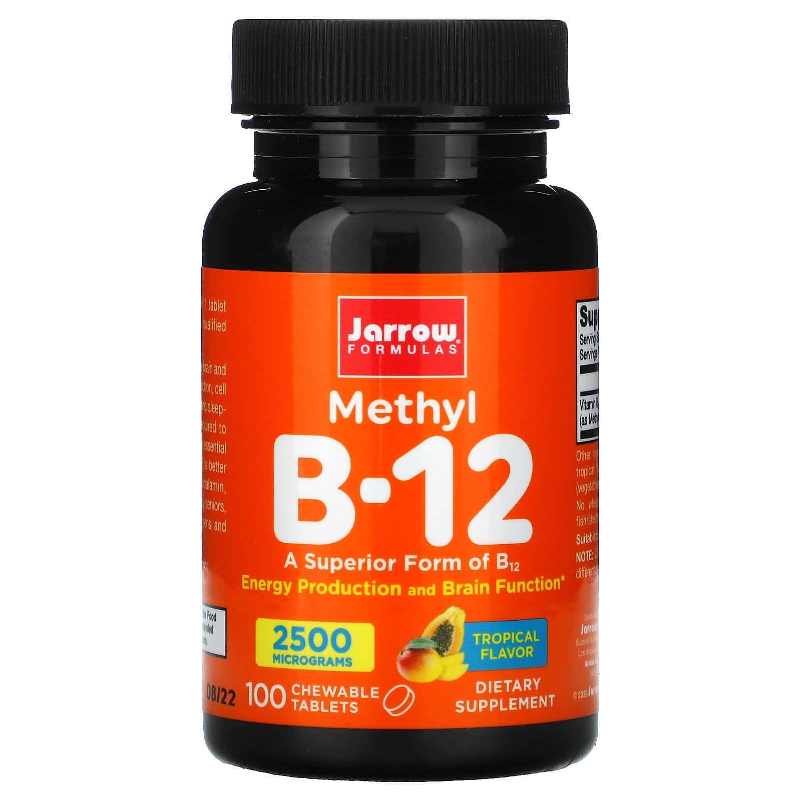 Jarrow Formulas, Metil B-12, sabor a frutas tropicales, 2500 mcg, 100 comprimidos masticables