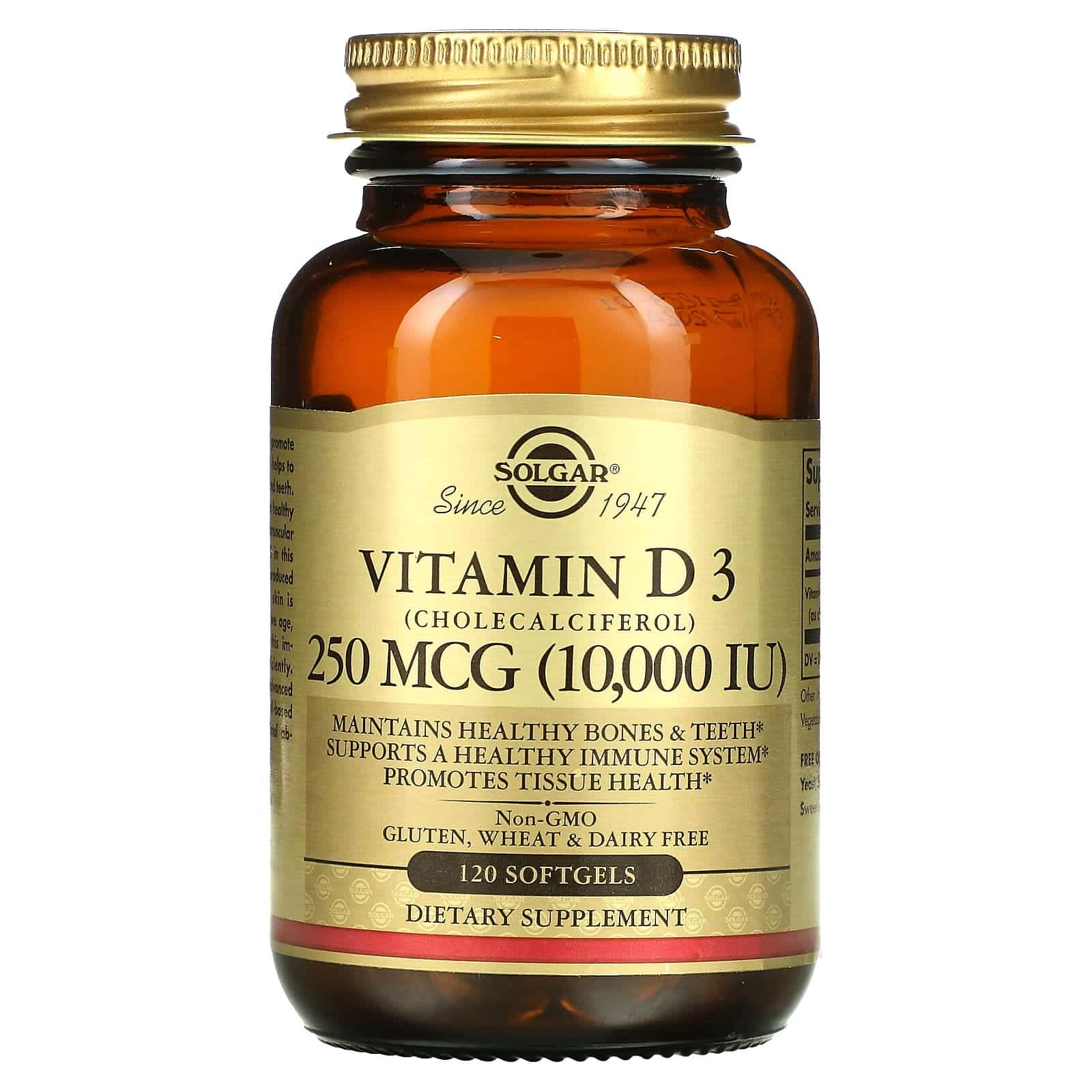 Solgar, Vitamina D3 (colecalciferol), 250 mcg (10.000 UI), 120 cápsulas blandas