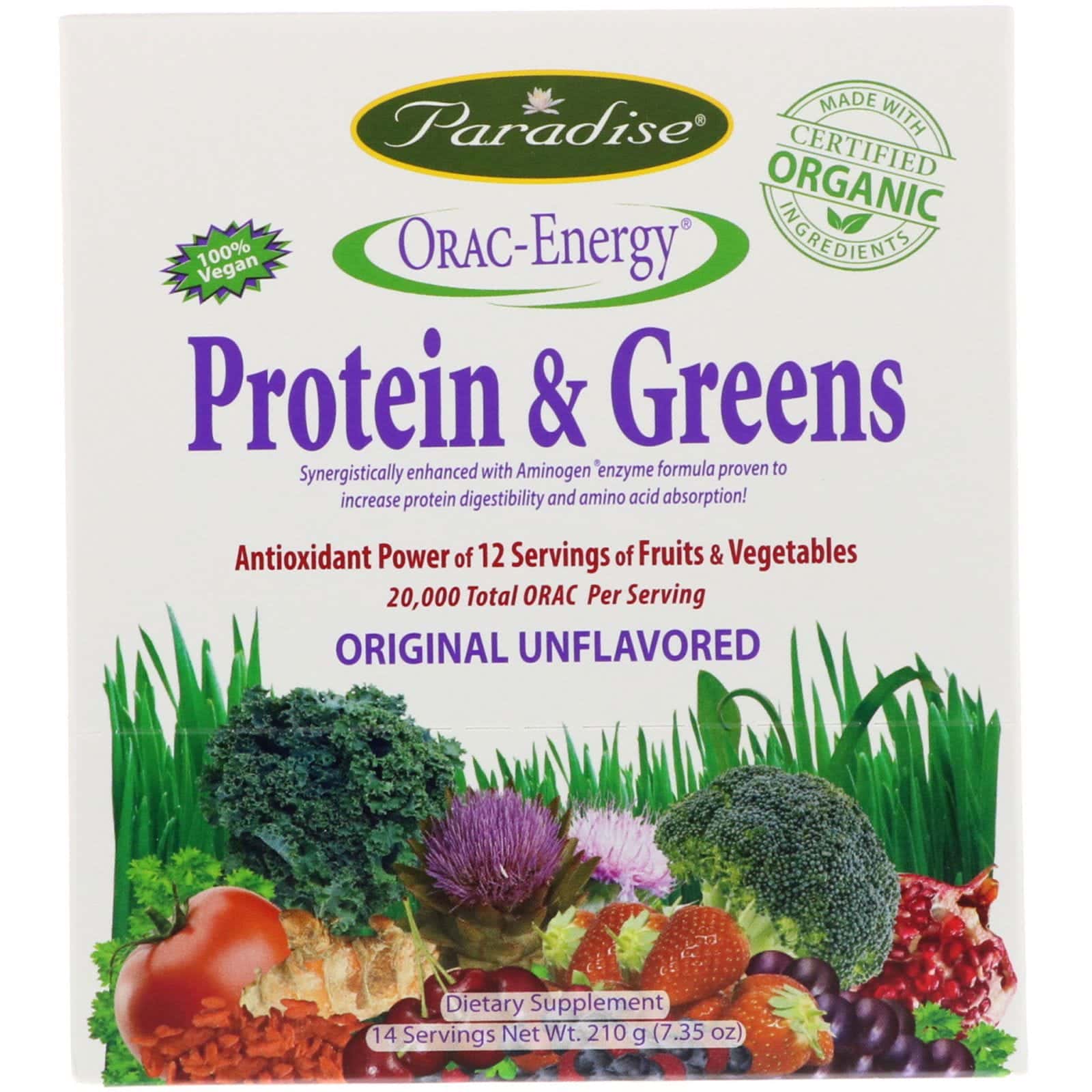 Paradise Herbs, ORAC-Energy, Proteína y Vegetales, 14 Paquetes, 14 Packets, 0.53 oz (15 g) c/u