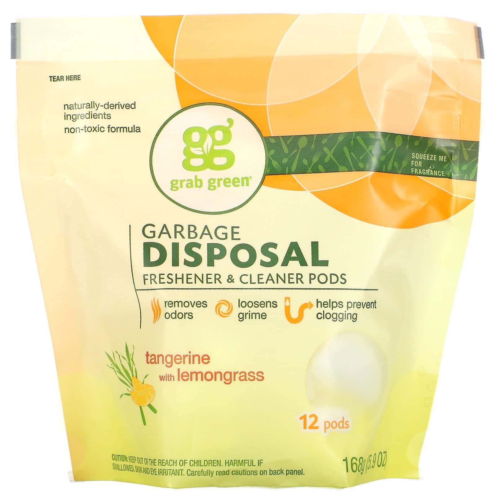Grab Green, Ambientador y limpiador para triturador de basura, mandarina con limoncillo, 12 vainas, 5,9 onzas (168)