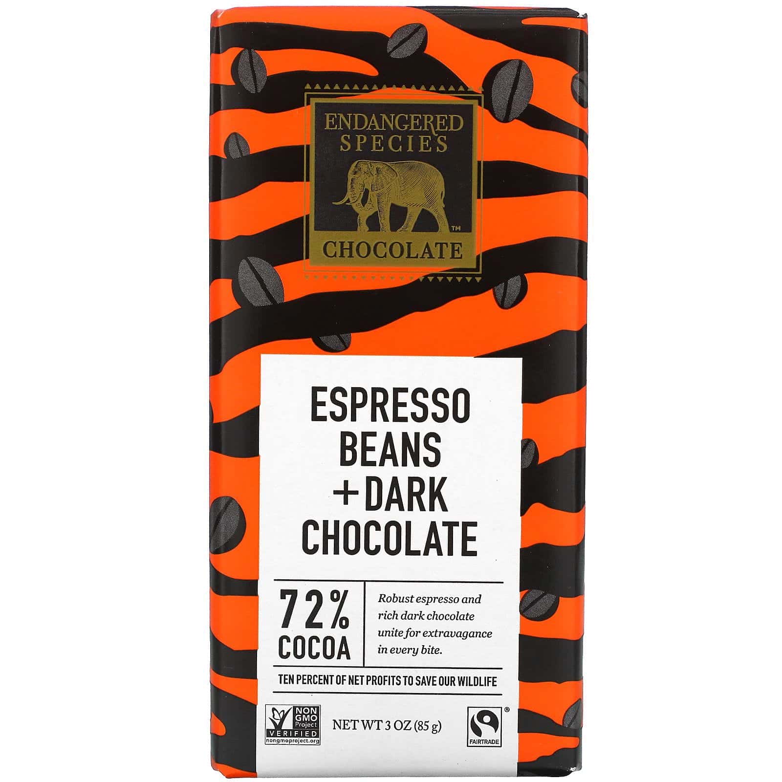 Endangered Species Chocolate, Granos de café expreso y chocolate negro, 72 % de cacao, 85 g (3 oz)