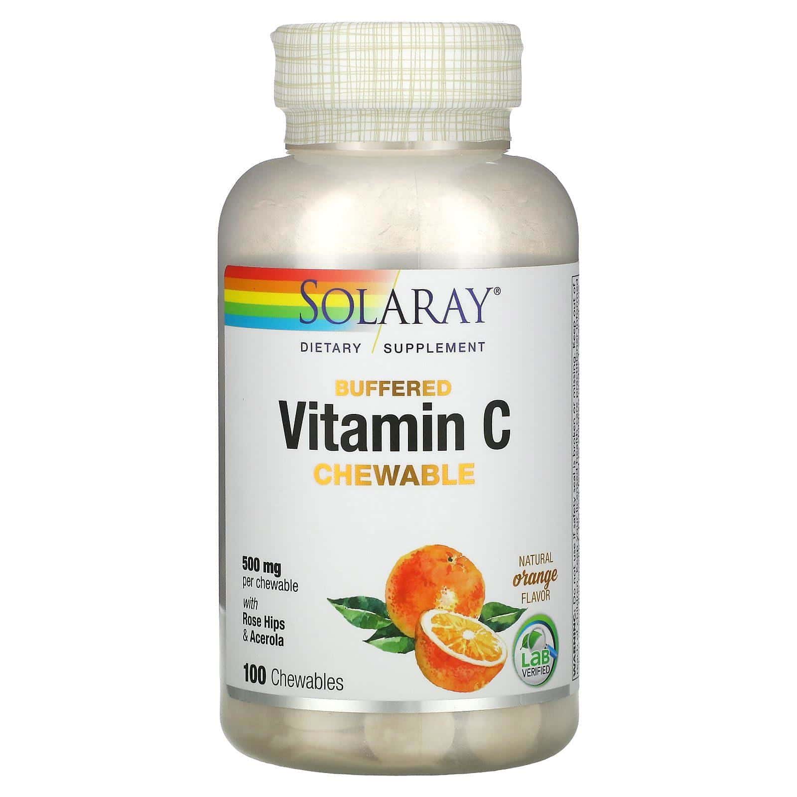 Solaray, Vitamina C, masticable, sabor a naranja natural, 500 mg, 100 barquillos