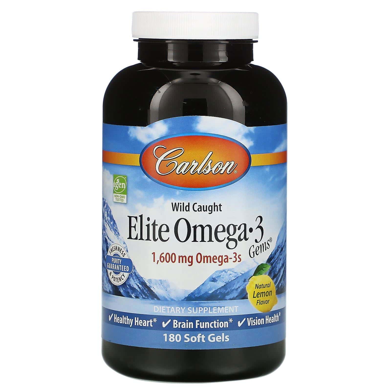 Carlson Labs, Capturado en el medio silvestre, gemas selectas de Omega-3, sabor natural a limón, 1600 mg, 180 geles blandos