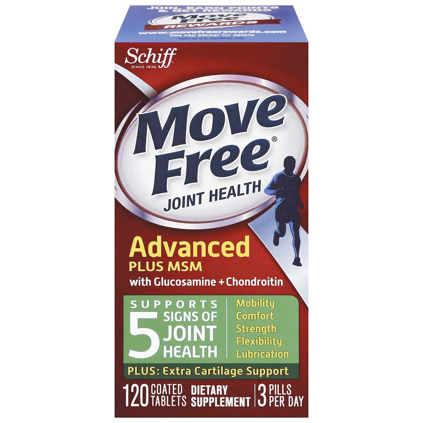 Schiff, Move Free, Fórmula avanzada con MSM, glucosamina y condroitina, 120 comprimidos recubiertos