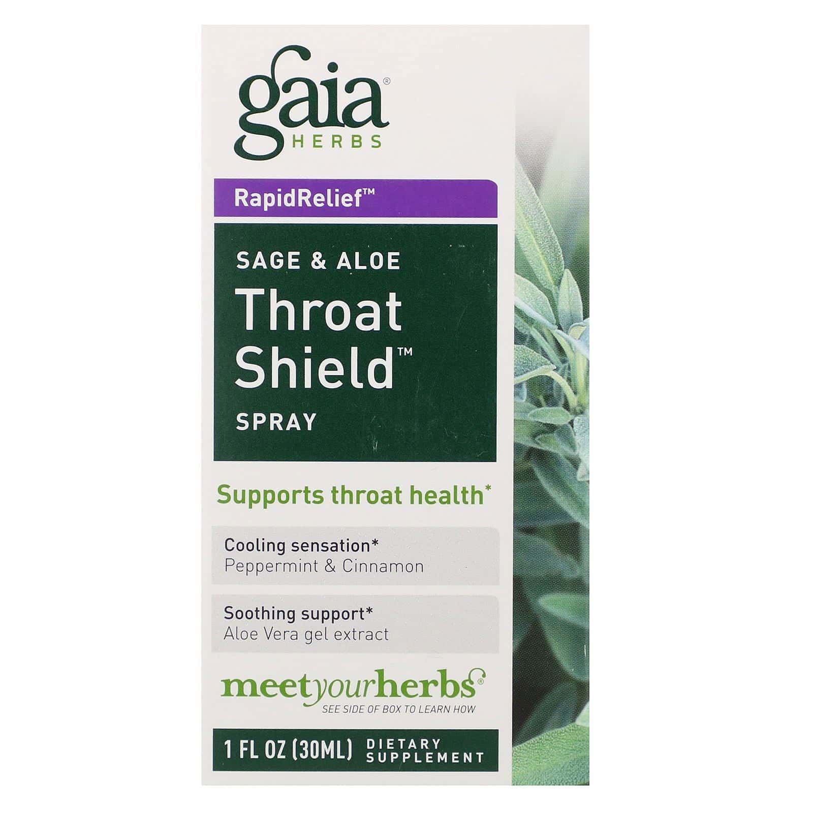 Gaia Herbs, Spray Throat Shield, salvia y aloe, 30 ml