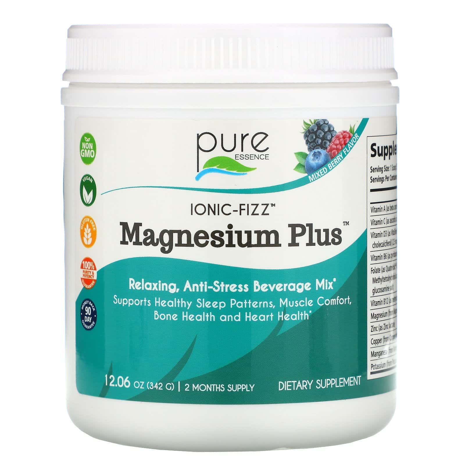 Pure Essence, Ionic-Fizz, Magnesium Plus, Suplemento de magnesio, Bayas mixtas, 342 g (12,06 oz)