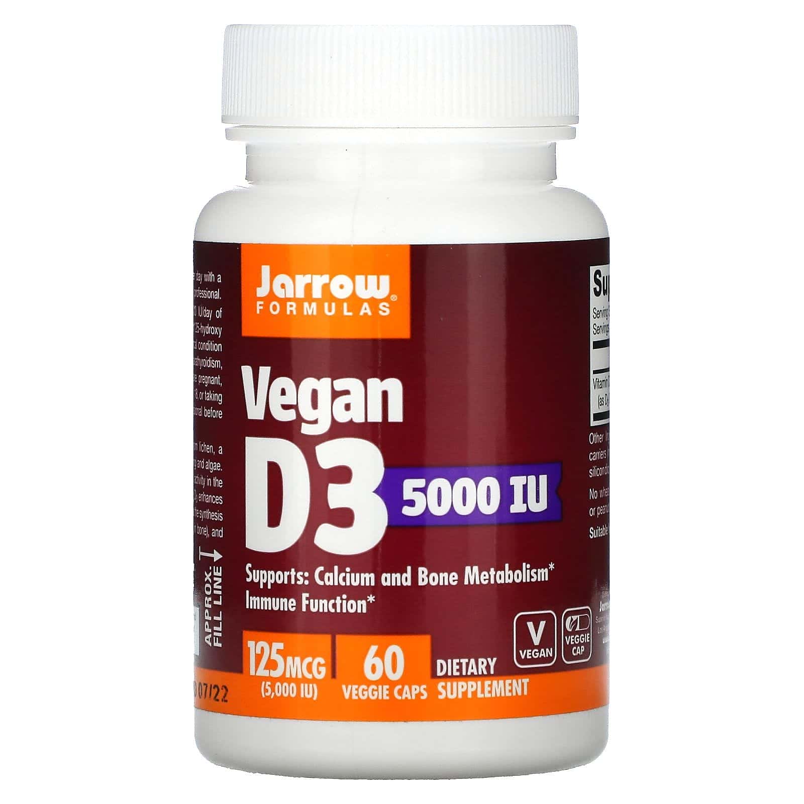 Jarrow Formulas, Vitamina D3 vegana, 125 mcg (5000 UI), 60 cápsulas vegetales