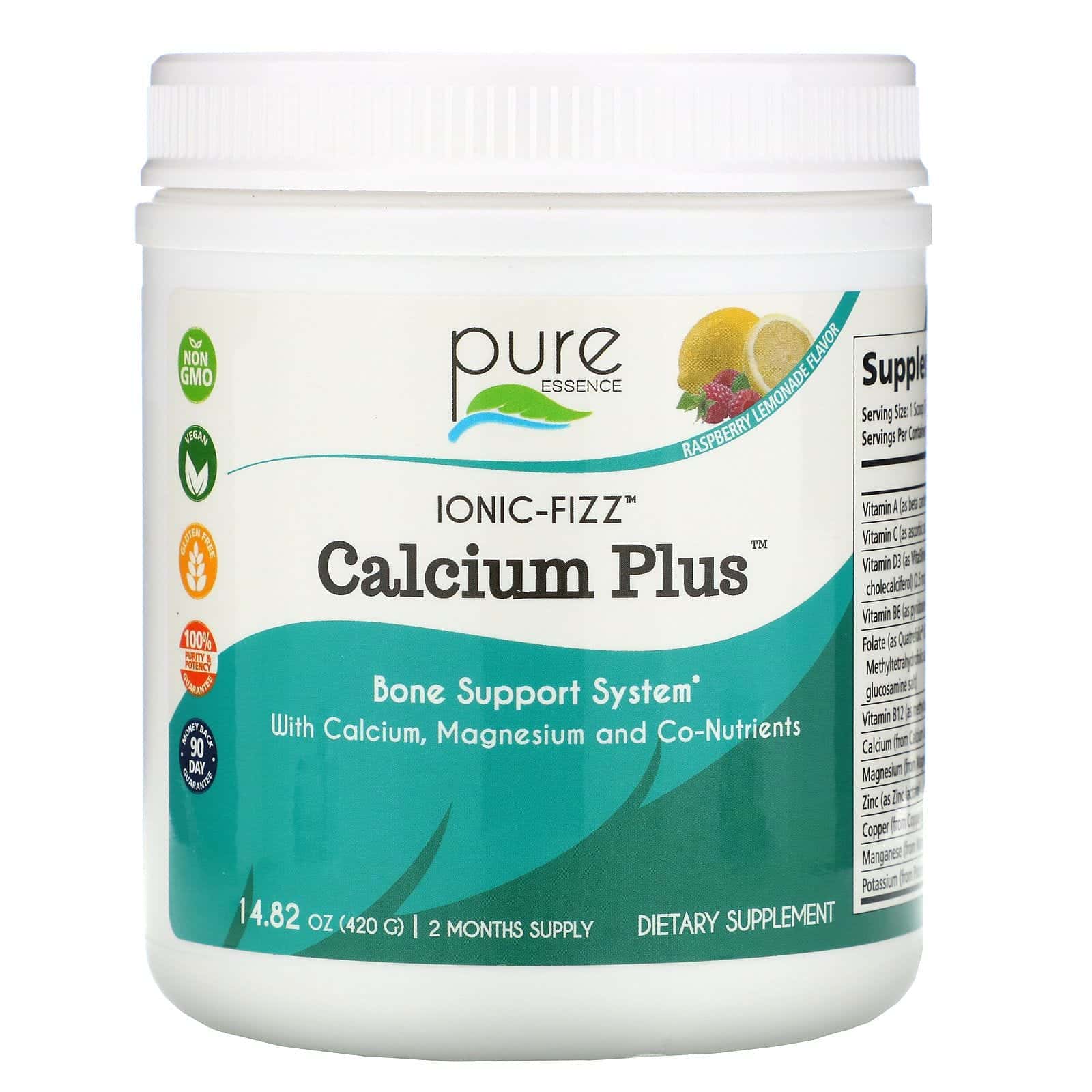 Pure Essence, Ionic-Fizz, Calcium Plus, Suplemento de calcio, Frambuesa y limonada, 420 g (14,82 oz)