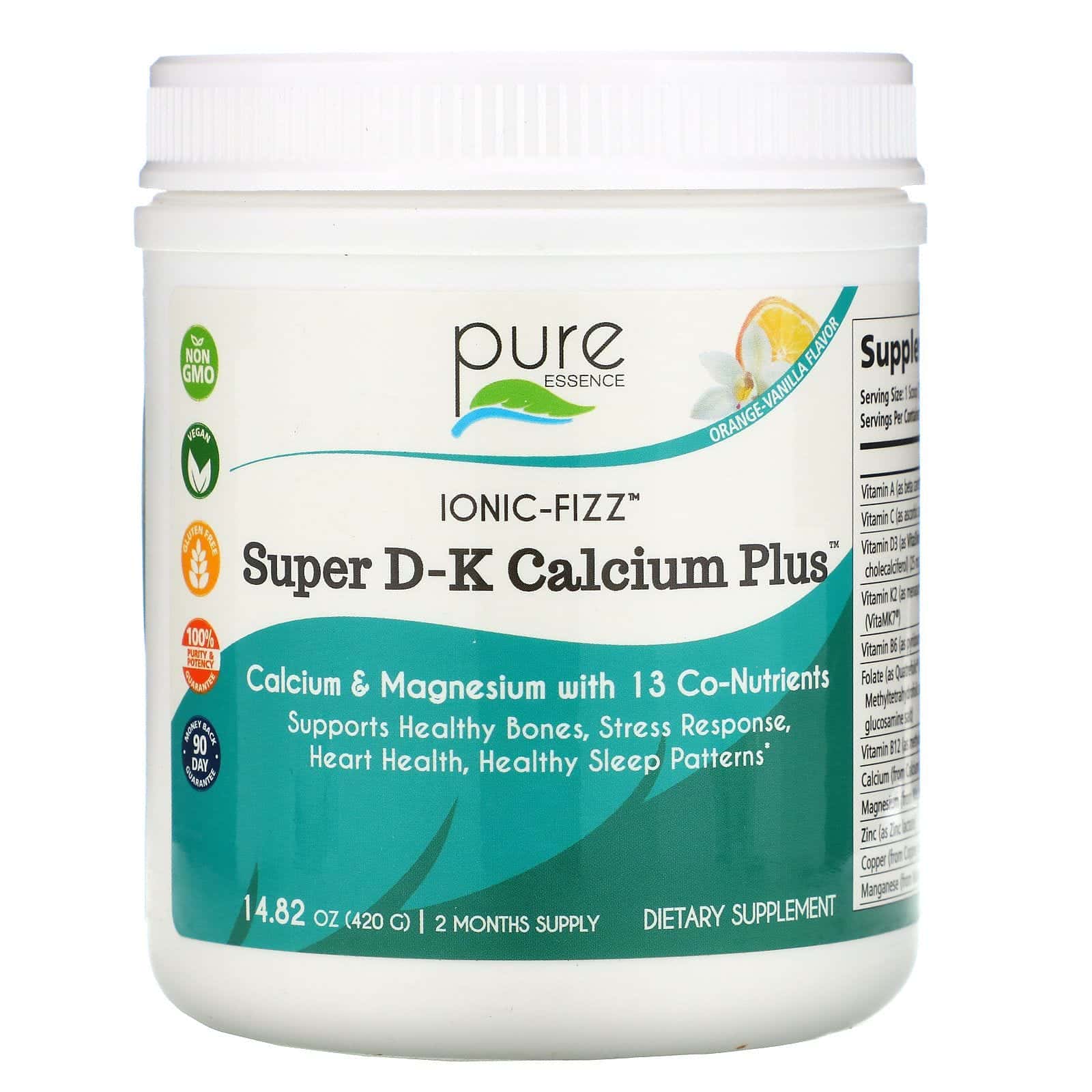 Pure Essence, Ionic-Fizz, Super D-K Calcium Plus, Naranja, Vainilla, 420 g (14,82 oz)