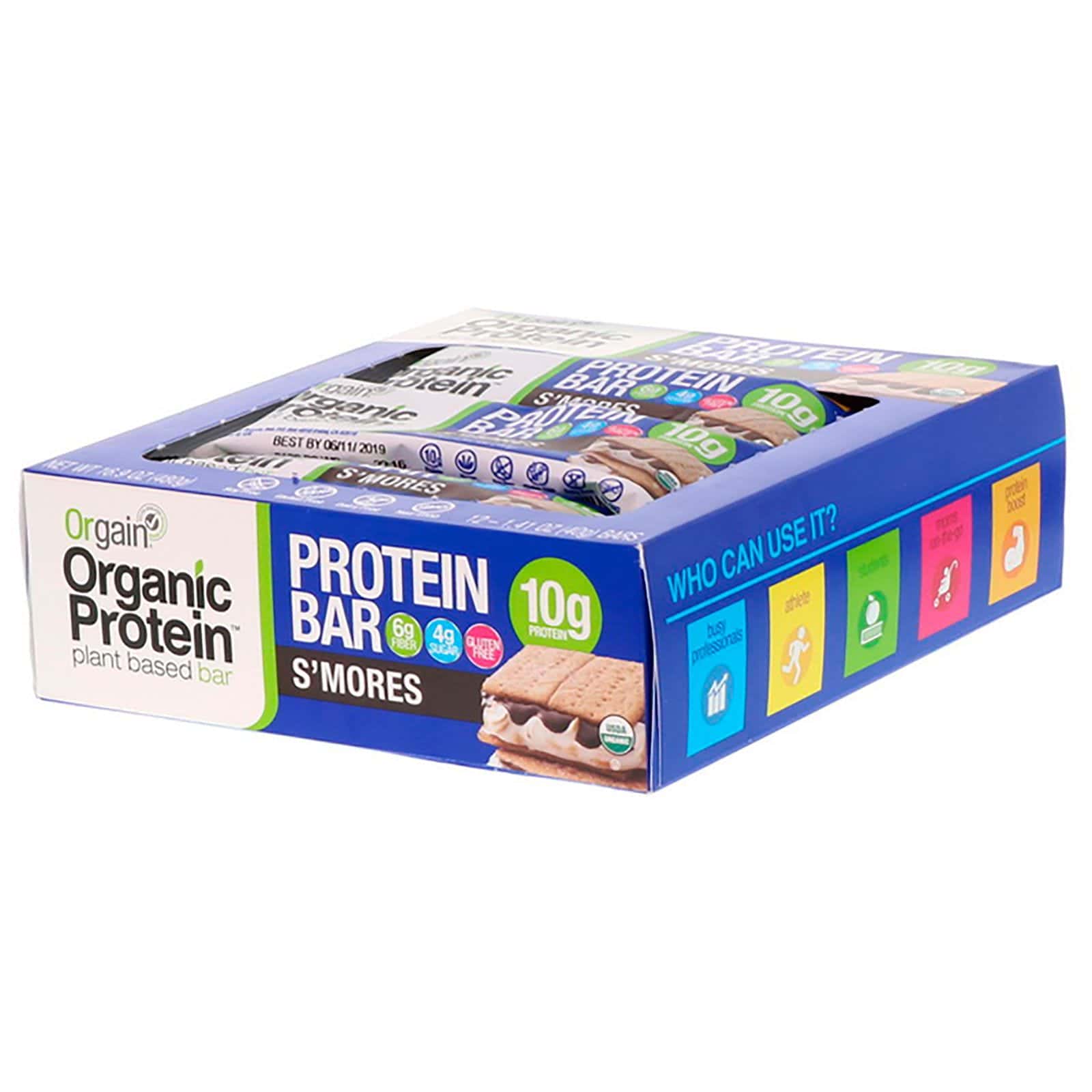 Orgain, Barra de proteína de origen vegetal, S'mores, 12 Barras, 1.41 oz (40 g) c/u