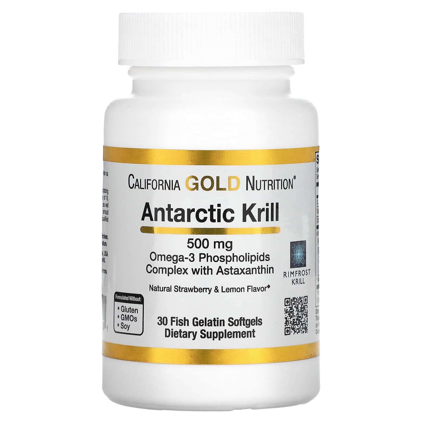 California Gold Nutrition, Aceite de kril antártico, Complejo de fosfolípidos de omega-3 con astaxantina, Sabor natural a fresa y limón, 500 mg, 30 cápsulas blandas de gelatina de pescado