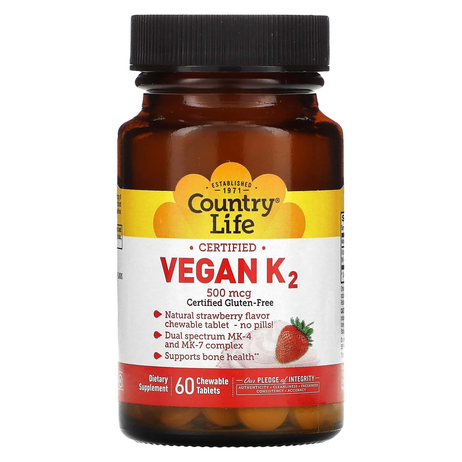 Country Life, Vegan K2, Frutillas, 500 mcg, 60 cápsulas solubles