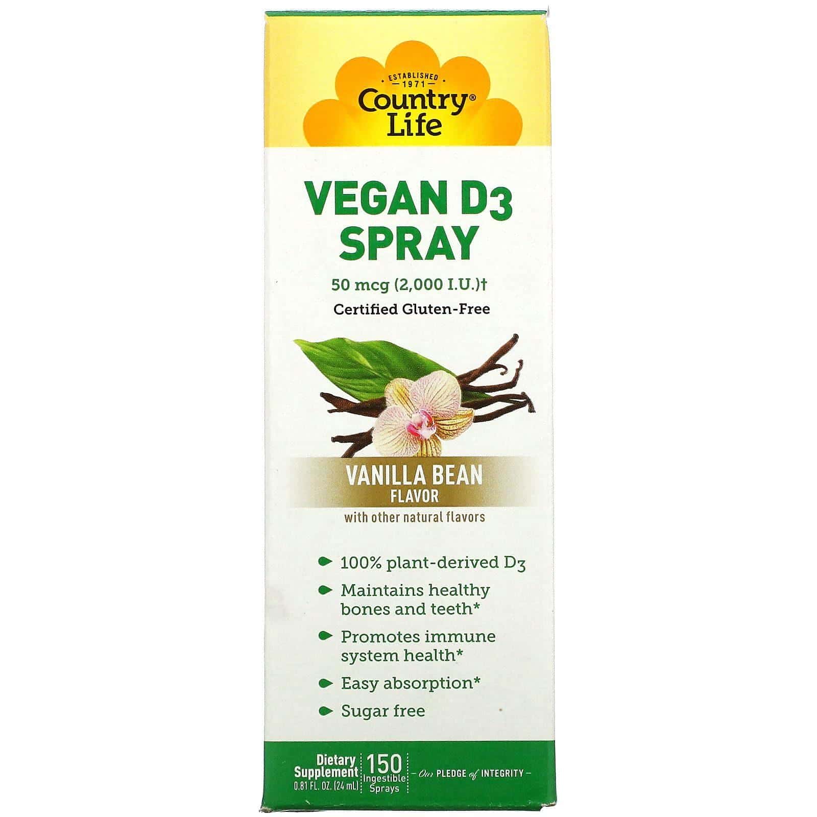 Country Life, Vitamin D3 Spray, Vanilla Bean, 50 mcg (2,000 IU), 150 Ingestible Sprays, 0.81 fl oz (24 ml)
