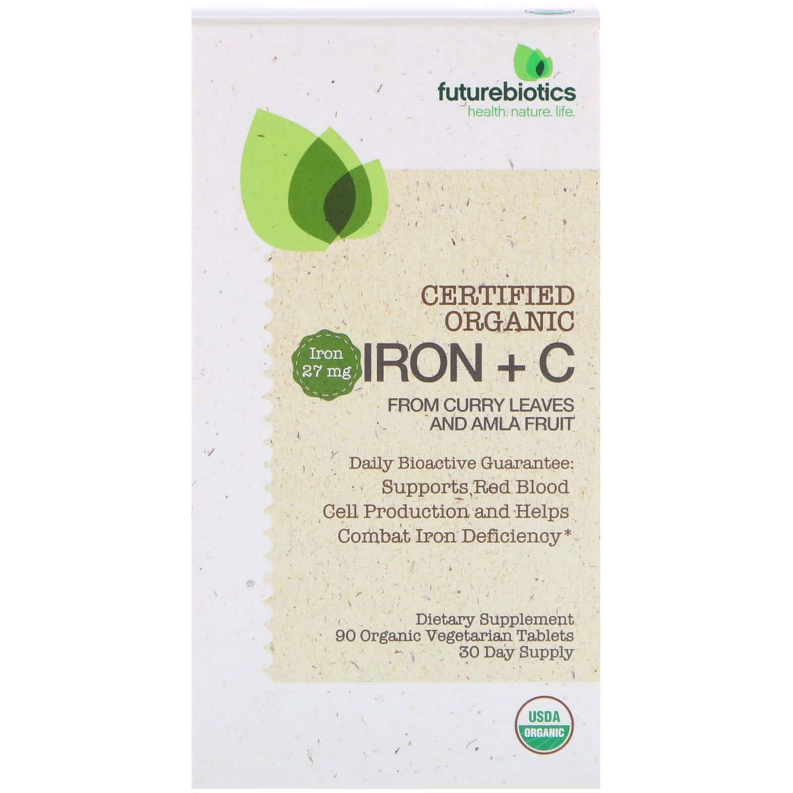 FutureBiotics, Hierro orgánico certificado + vitamina C, 90 comprimidos orgánicos vegetarianos