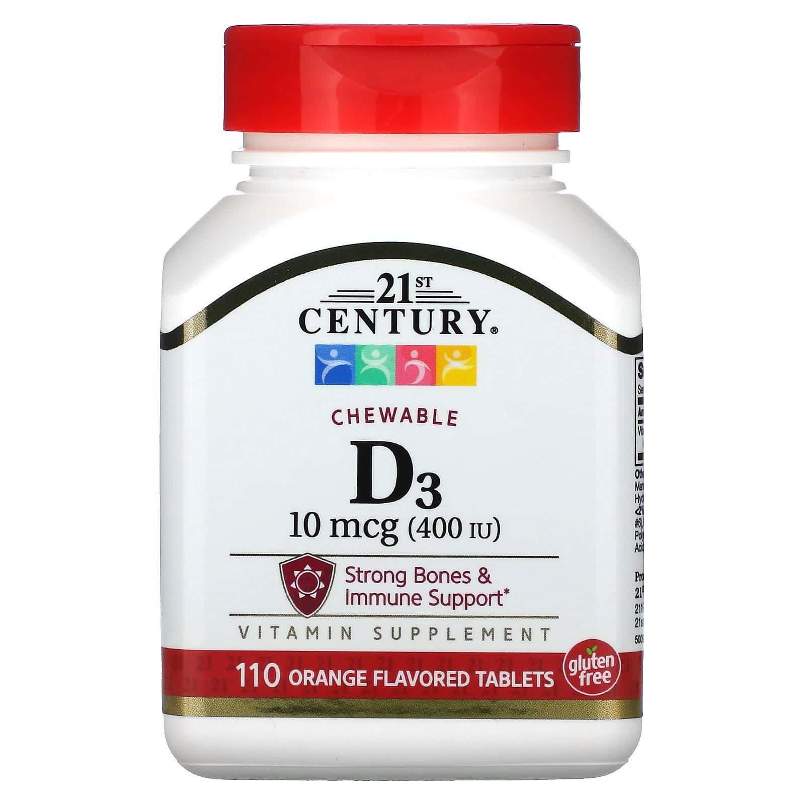 21st Century, Vitamina D3, Masticable, Sabor a naranja, 100 mcg (400 UI), 110 comprimidos