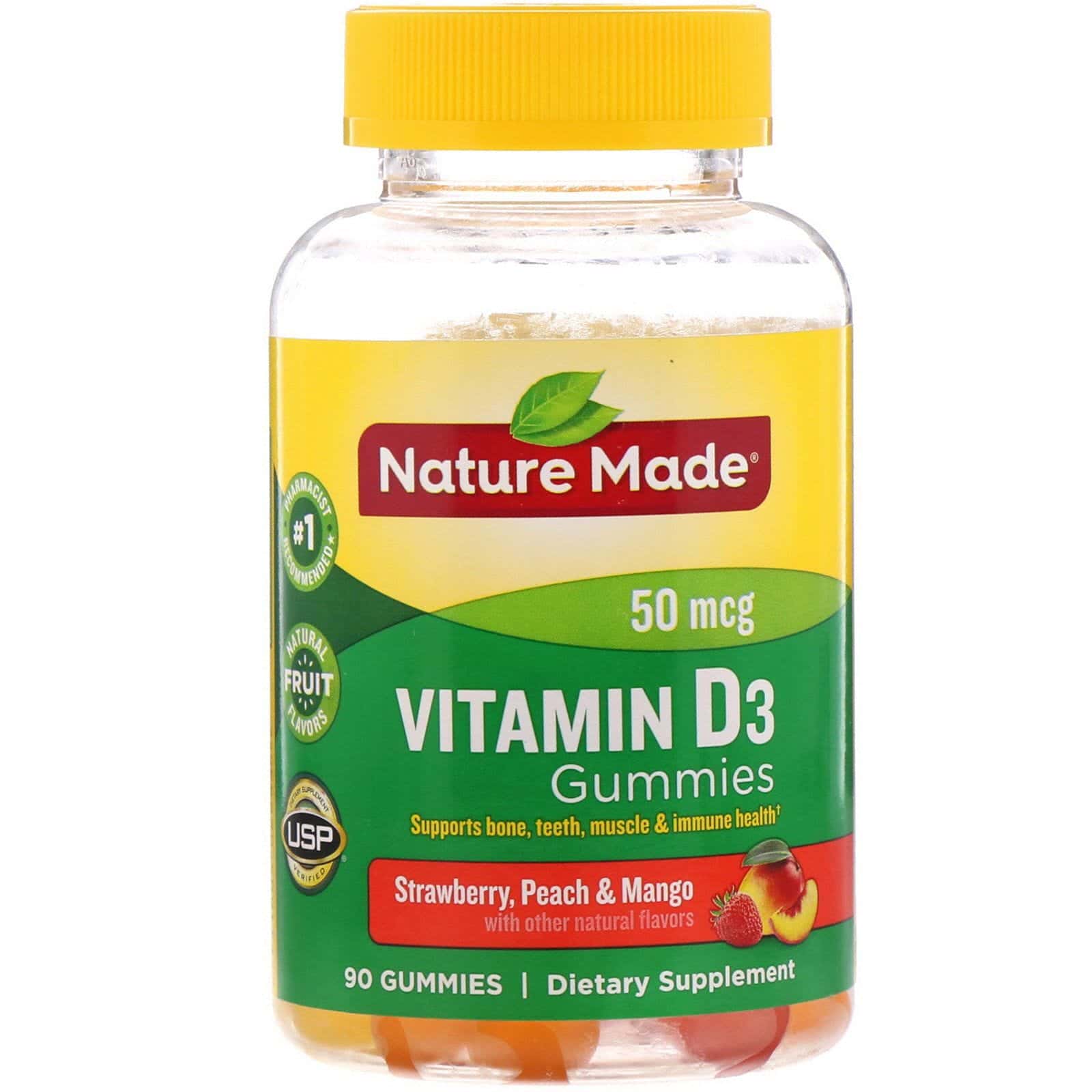 Nature Made, Gomitas con vitamina D3, Fresa, melocotón y mango, 50 mcg, 90 gomitas