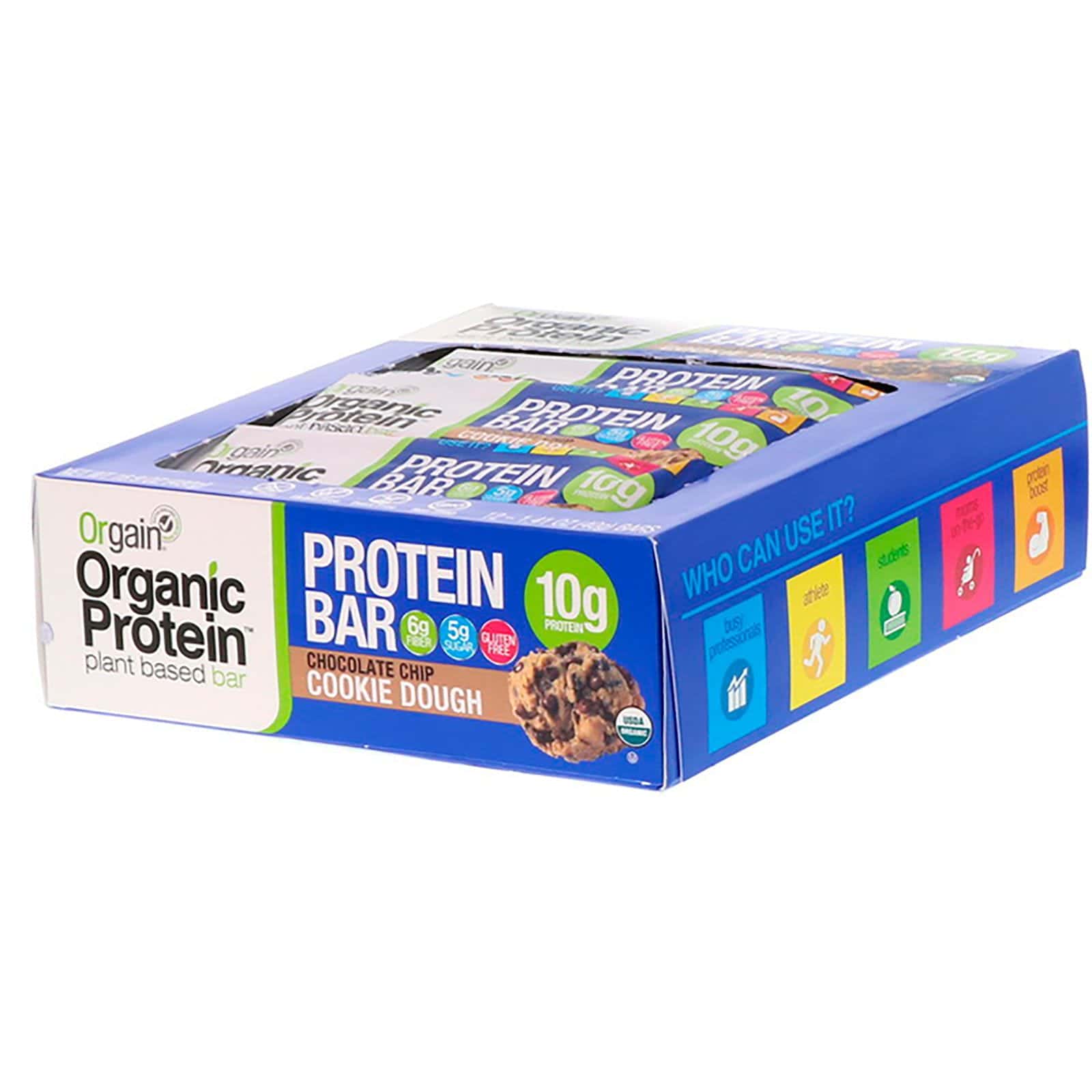Orgain, Barra de proteína de origen vegetal, Masa de galleta con chips de chocolate, 12 Barras, 1.41 oz (40 g) c/u