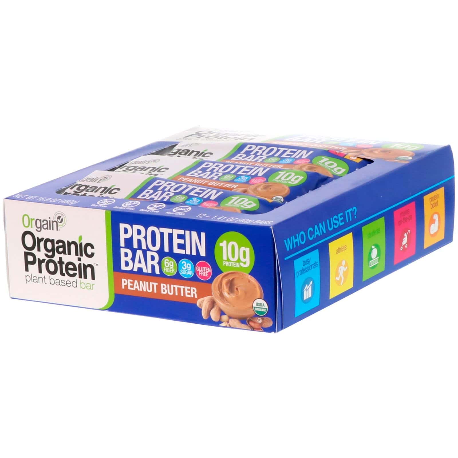 Orgain, Barra de proteínas de vegetales orgánicos, mantequilla de maní, 12 barras, 1.41 oz (40 g) c/u