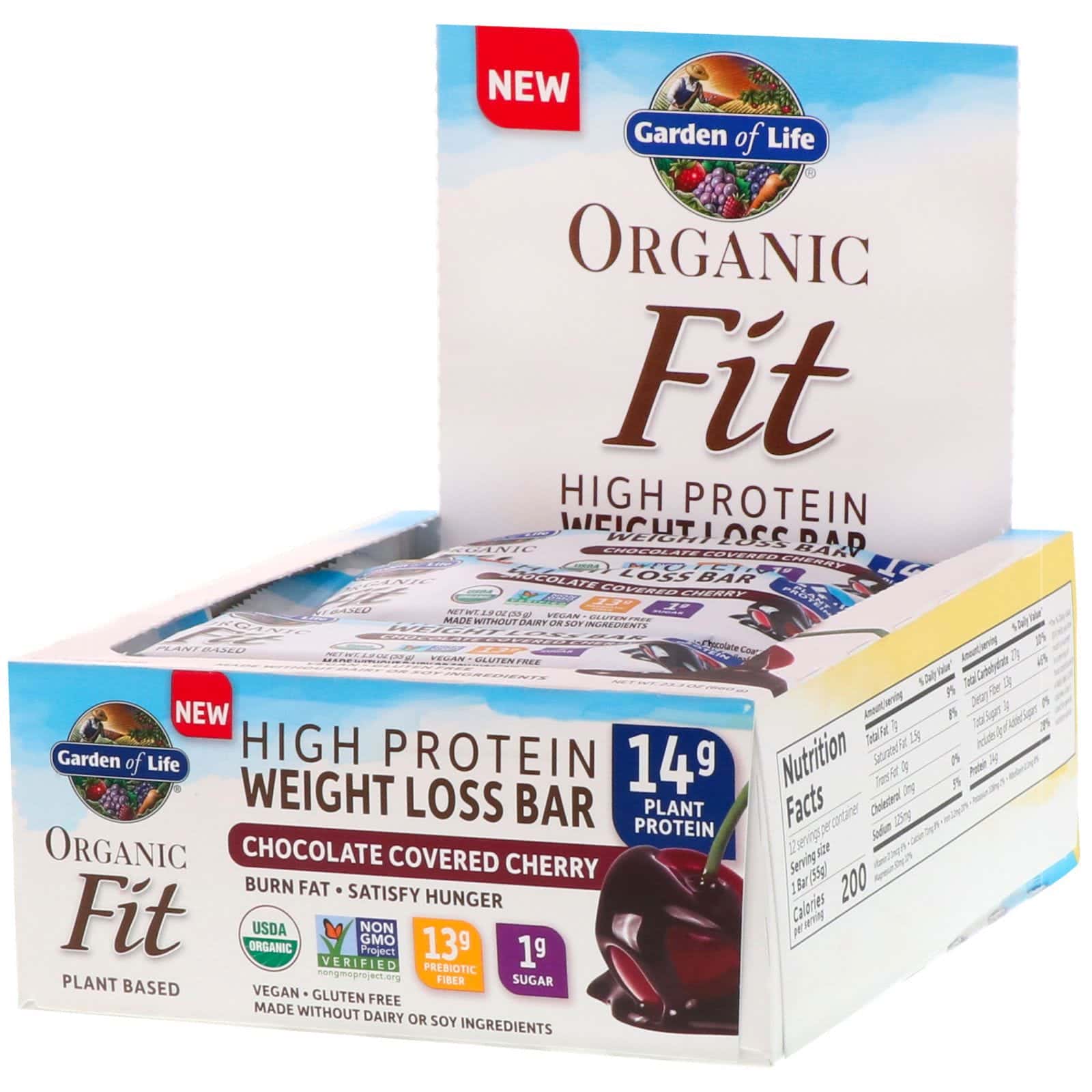Garden of Life, Organic Fit, Barra de pérdida de peso alto en proteínas, cereza cubierta de chocolate, 12 barras, 1.9 oz (55 g) c/u