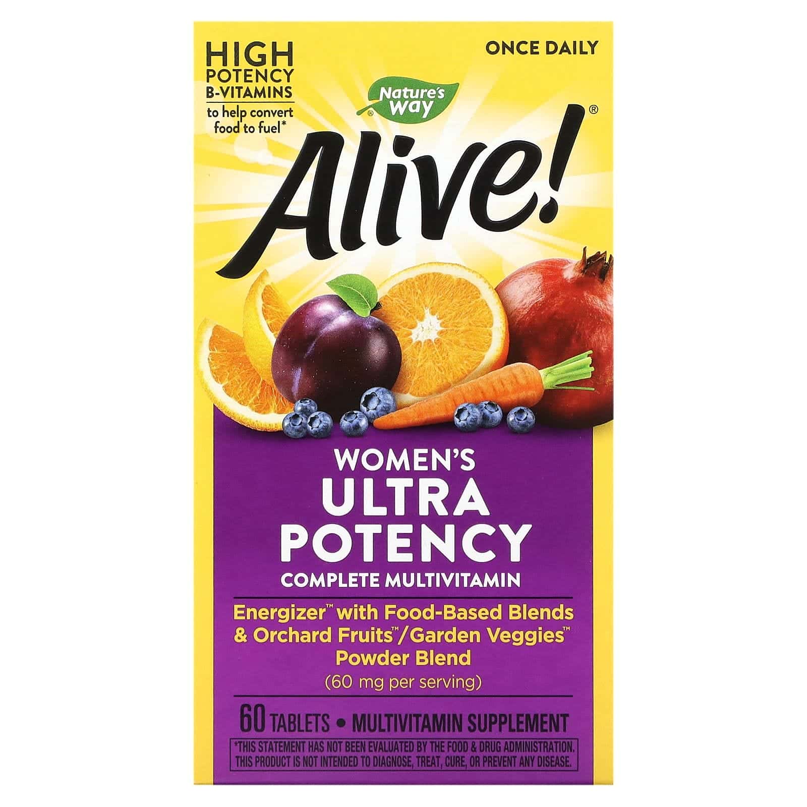 Nature's Way, Alive!, Una ingesta diaria, Suplemento multivitamínico completo y ultrapotente para mujeres, 60 comprimidos