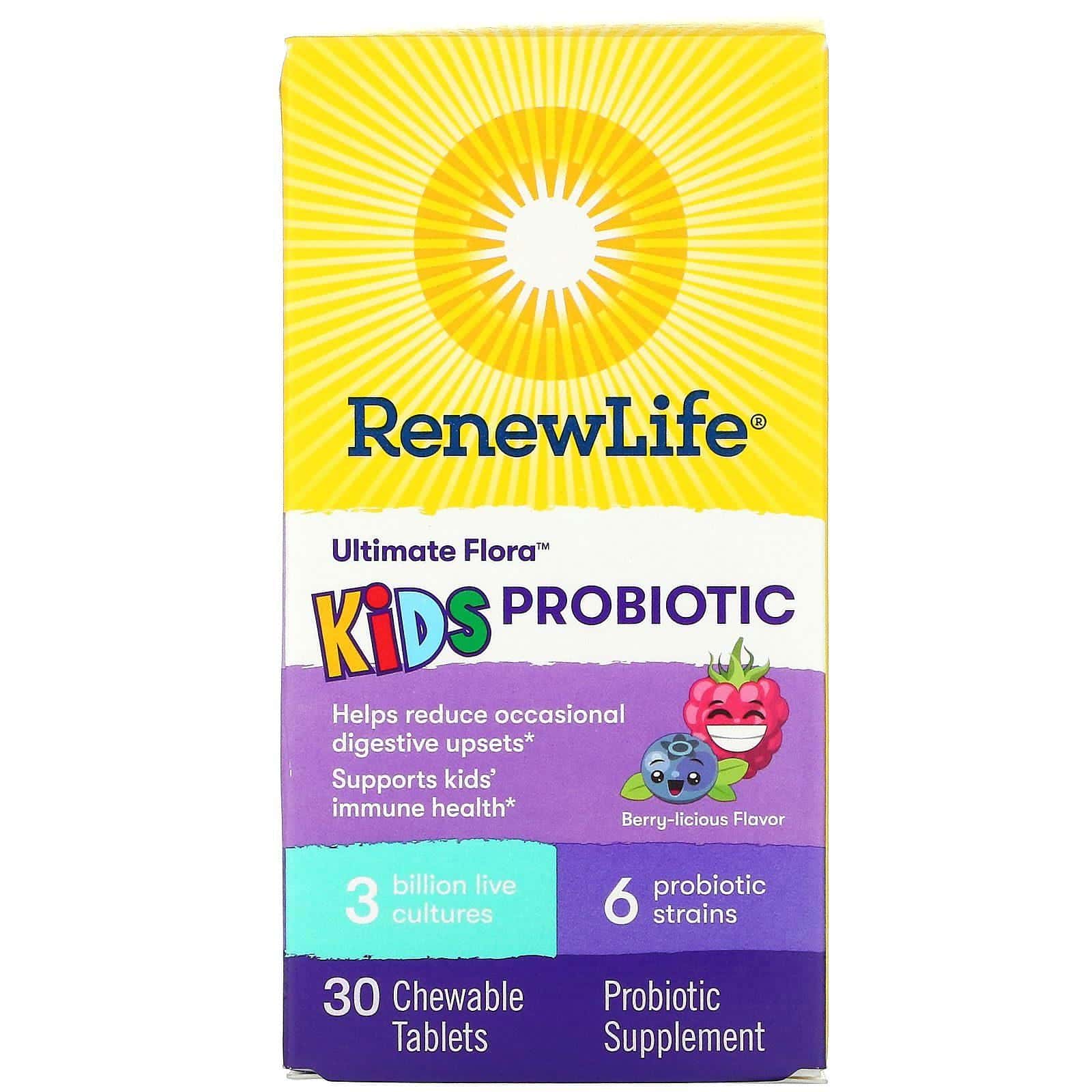 Renew Life, Probióticos para niños, Ultimate Flora, Berry-licious, 3 mil millones de cultivos vivos, 30 comprimidos masticables
