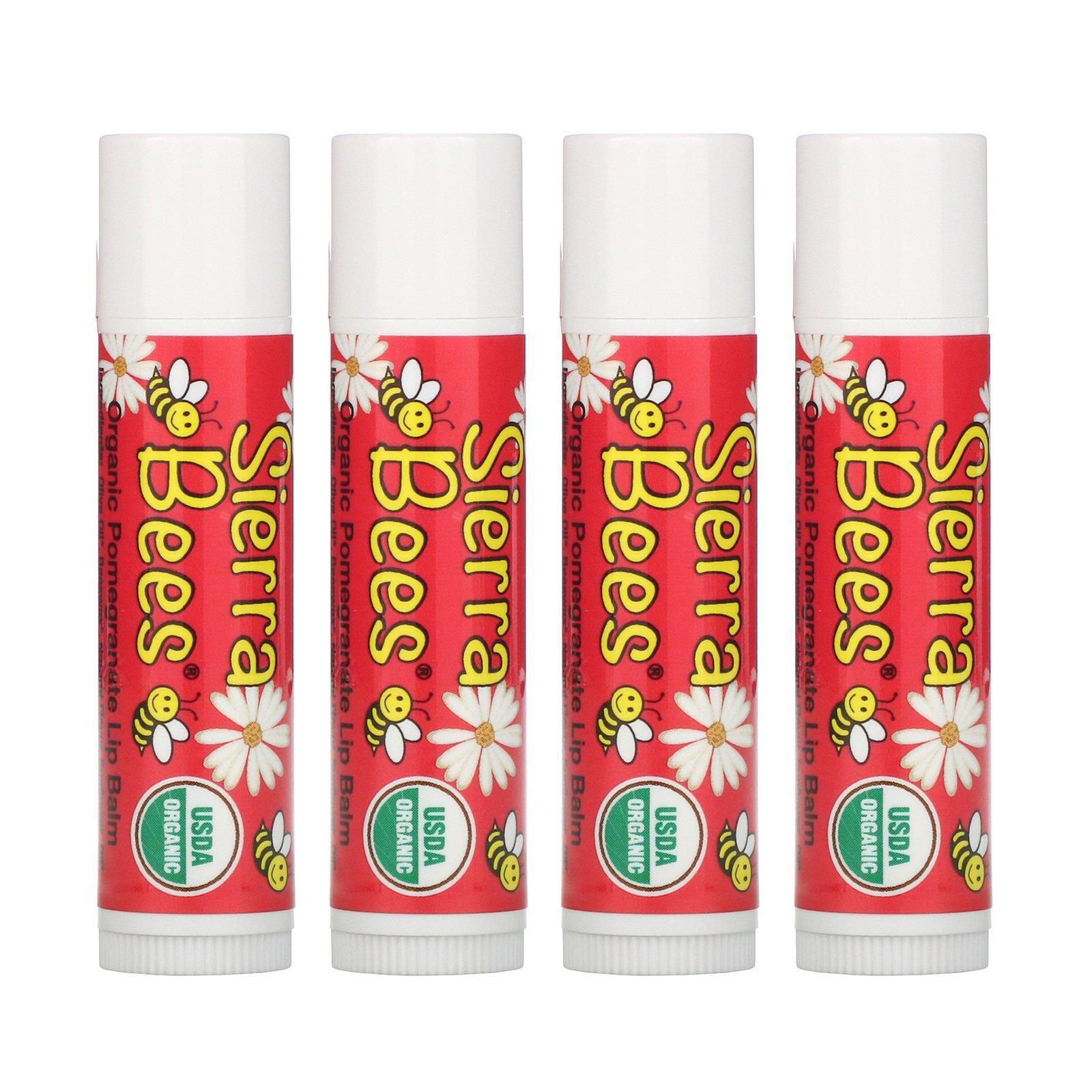 Sierra Bees, Bálsamos orgánicos para labios, Granada, Pack de 4 bálsamos, 4,25 g (0,15 oz) cada uno