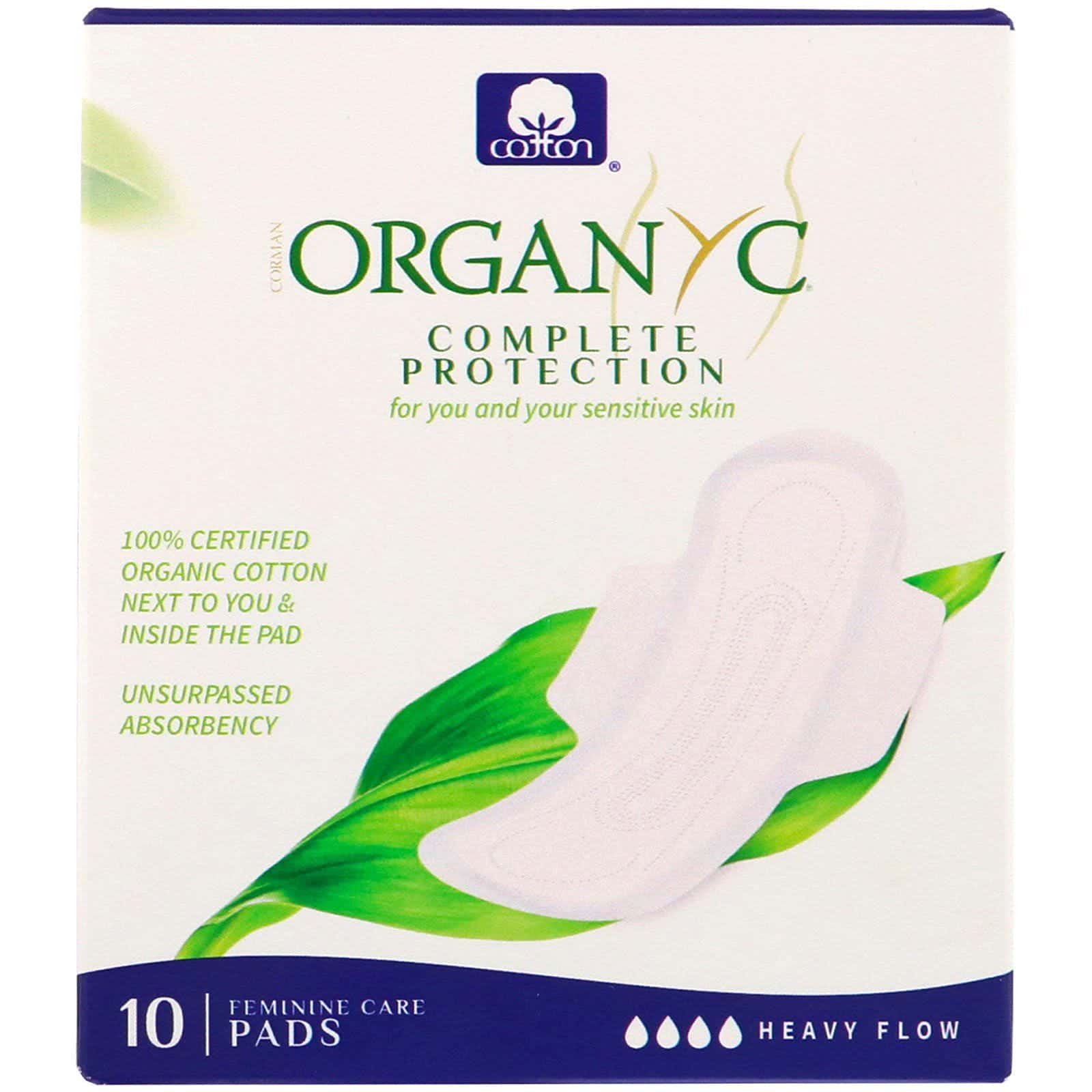 Organyc, Toallitas de algodón orgánico, Flujo pesado - noche, 10 toallitas