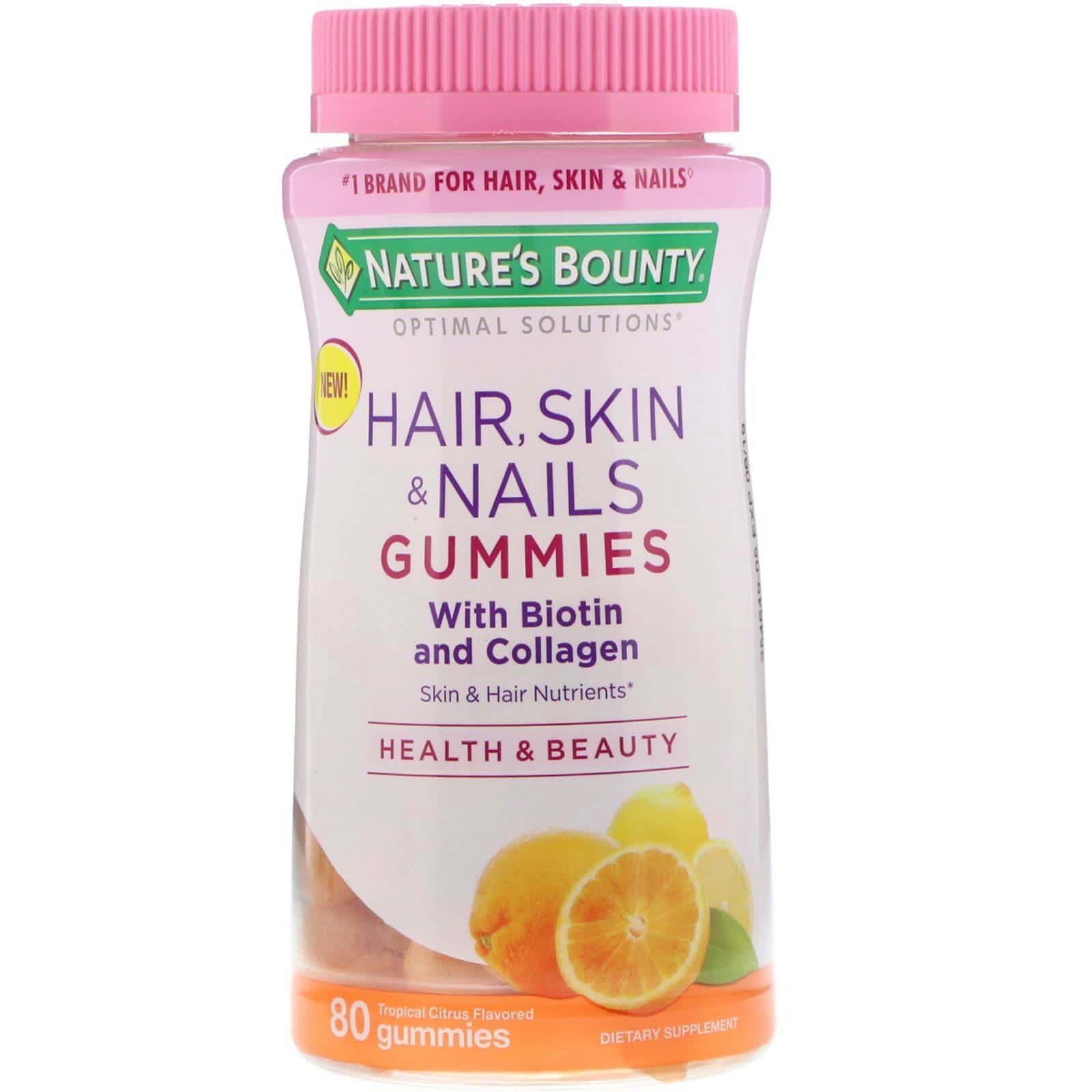 Nature's Bounty, Optimal Solutions, cabello, piel y uñas con biotina y colágeno, sabor a cítricos tropicales, 80 gomitas