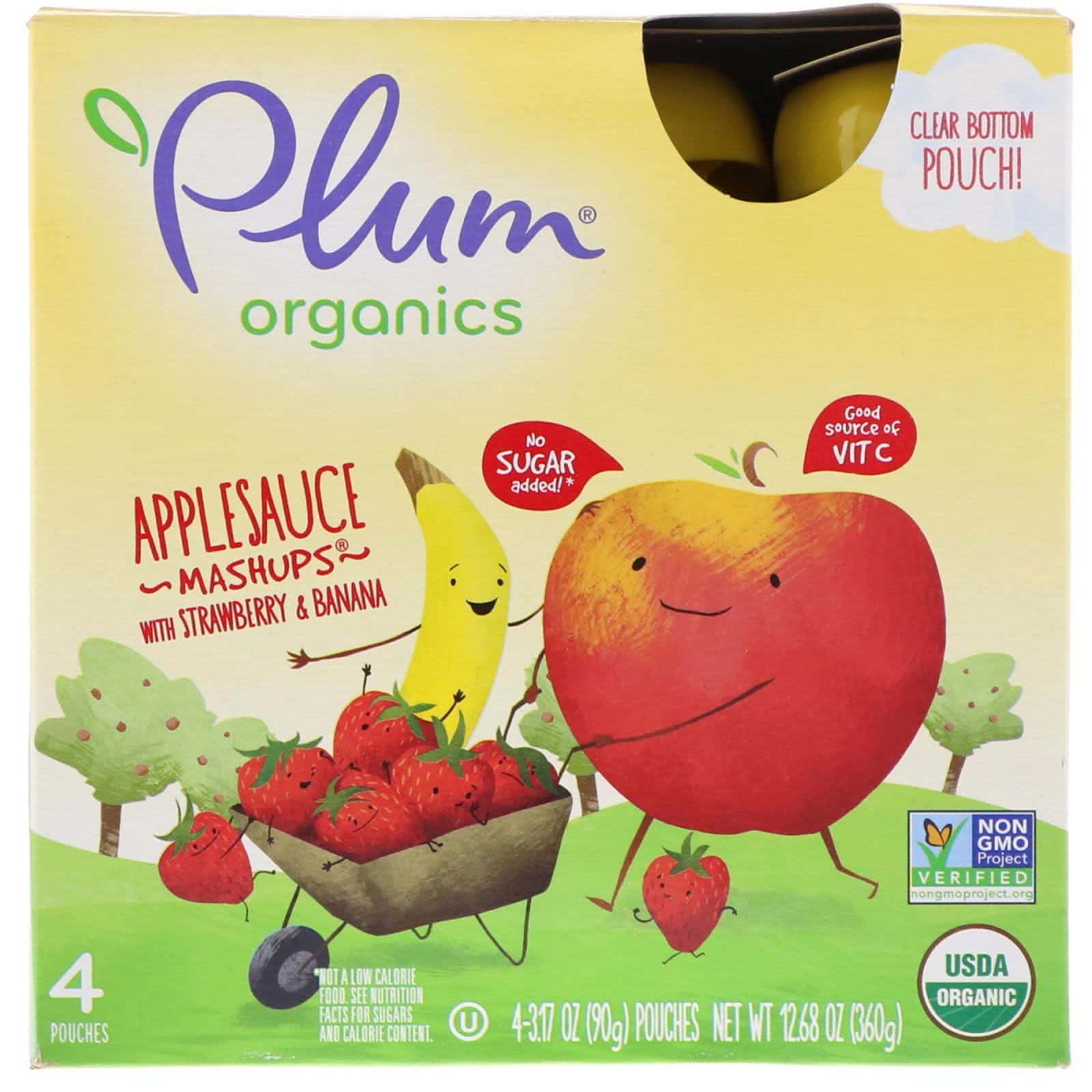 Plum Organics, Puré de manzana orgánico con fresa y banana, 4 bolsitas, 3.17 oz (90 g) c/u
