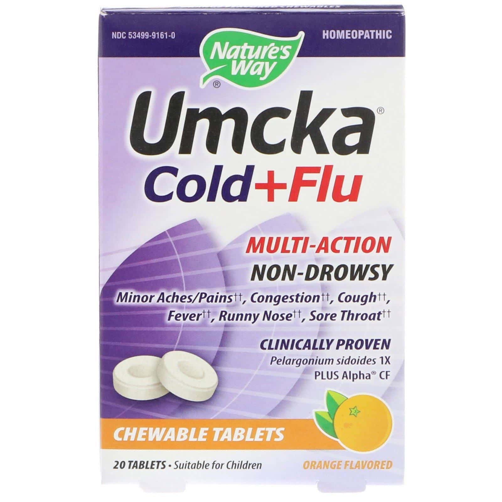 Nature's Way, Umcka Cold+Flu, sabor a naranja, 20 comprimidos masticables