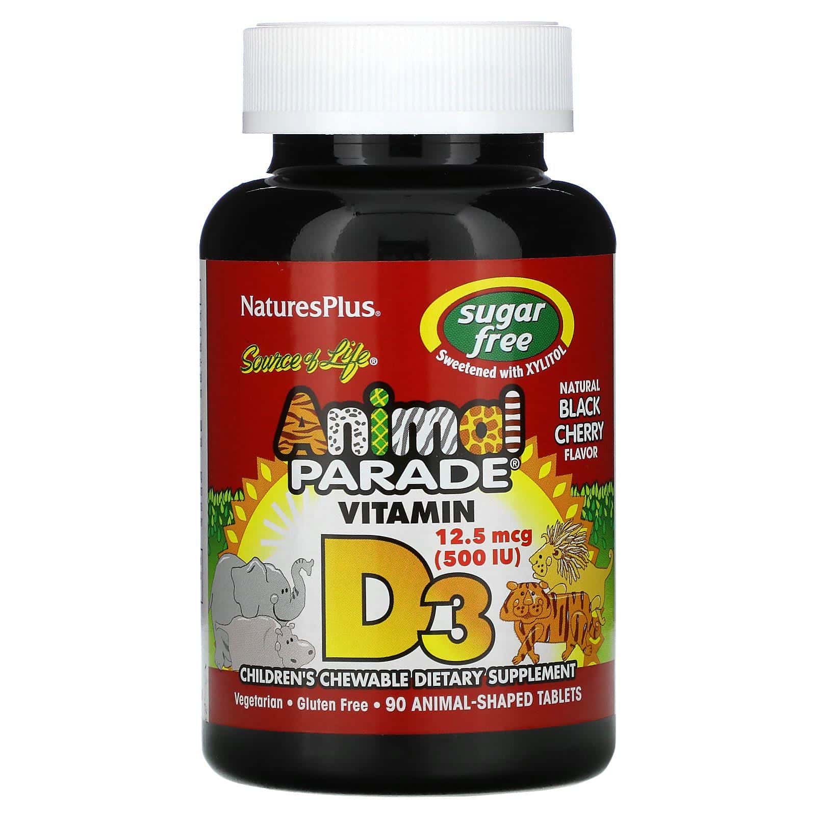 Nature's Plus, Source of Life, Animal Parade, Vitamina D3, Sin azúcar, Cereza negra natural, 12,5 mcg (500 UI), 90 comprimidos con forma de animales