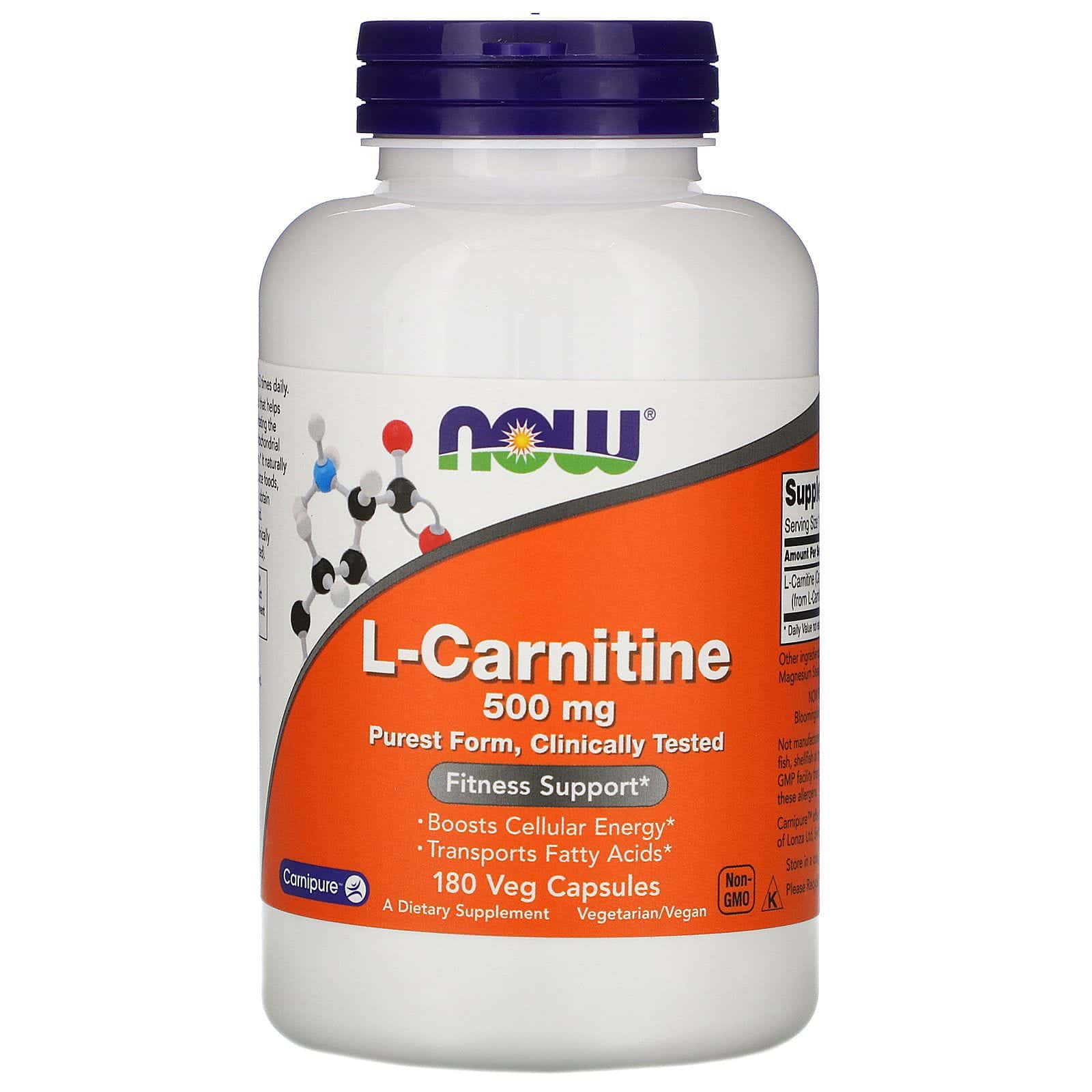 Now Foods, L-carnitina, 500 mg, 180 cápsulas vegetales
