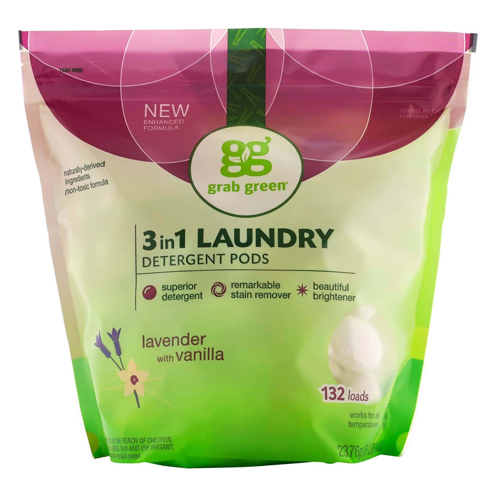 Grab Green, Cápsulas de detergente de ropa 3-1, lavanda, 132 lavados, 5 libras (2376 g)
