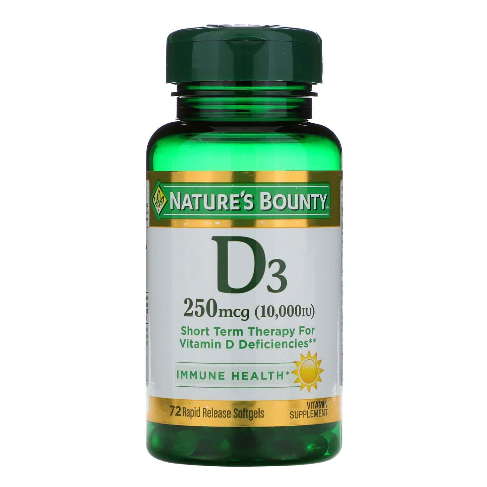 Nature's Bounty, D3, 250 mcg (10 000 UI), 72 cápsulas blandas de rápida liberación